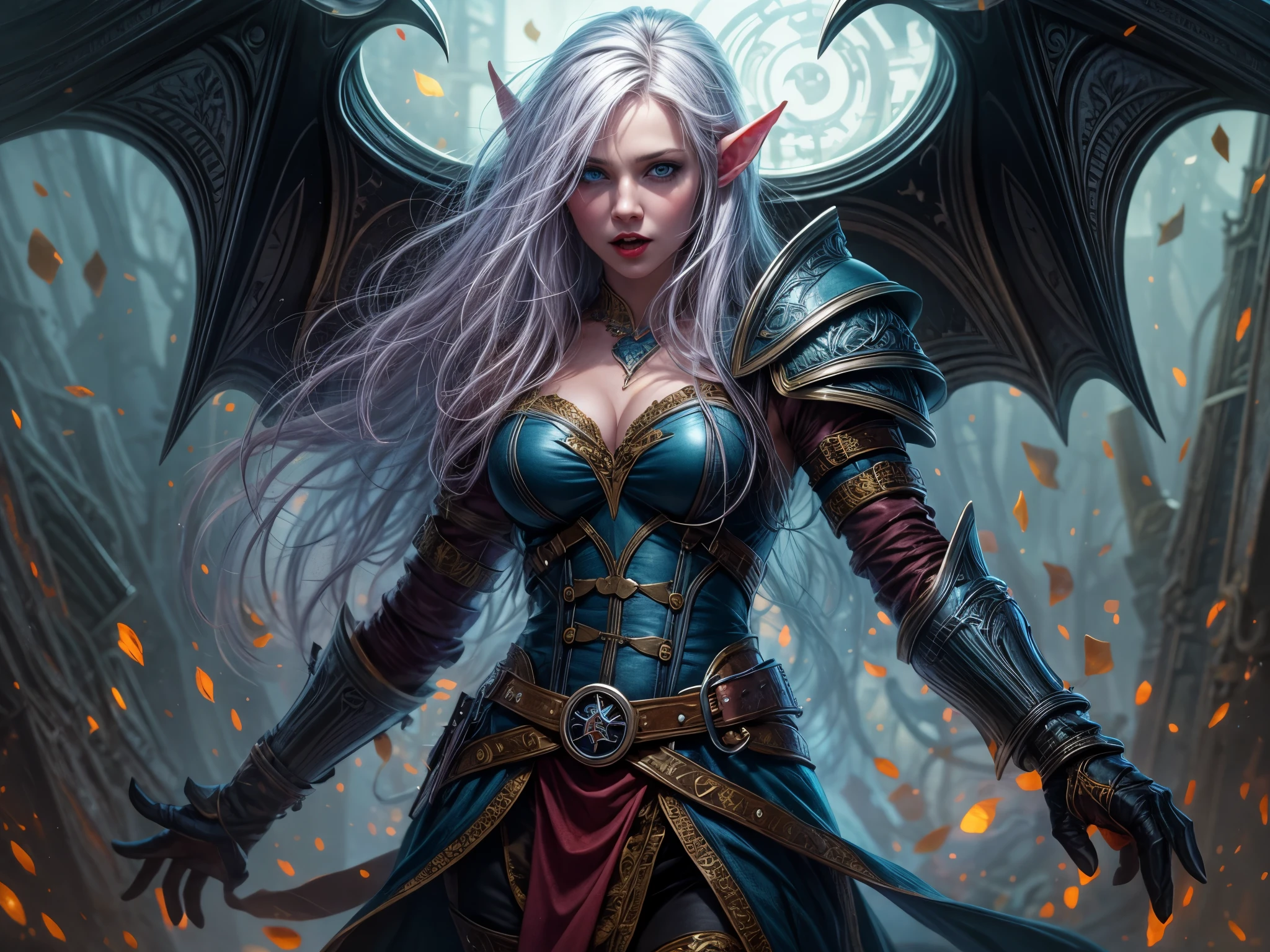 fantasy art, dnd art, RPG art, wide shot a picture of a (shield: 1.5) with a beautiful female vampire elf, blood dripping, vampiric fangs, with a long curvy hair, light color hair, blue eyes, high details, best quality, 16k, [ultra detailed], masterpiece, best quality, (extremely detailed), close up, photorealistic, RAW, fantasy art, dnd art, fantasy art, realistic art, Glowing Purple