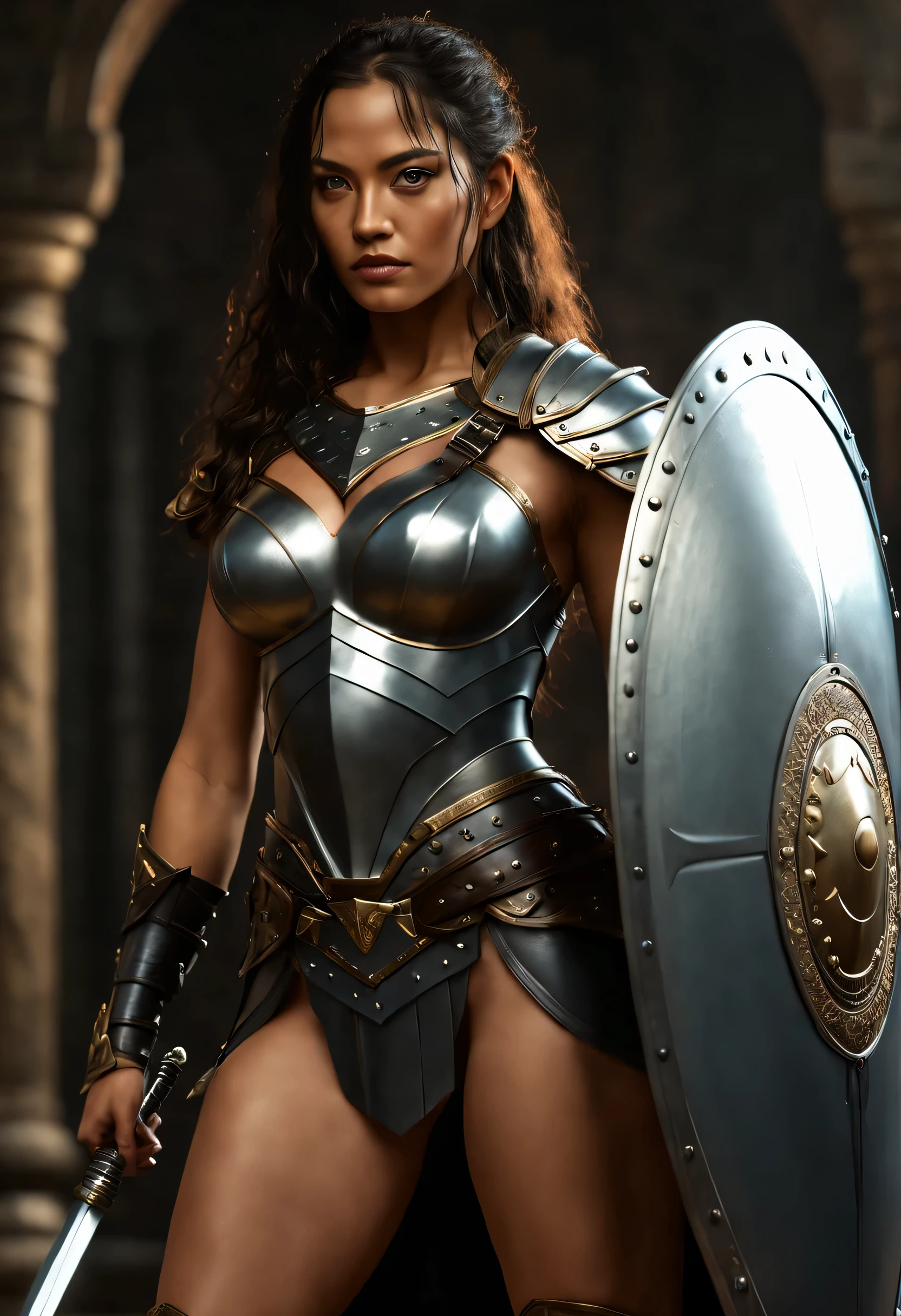 (best quality,4k,highres,masterpiece:1.2),ultra-detailed,(realistic,photorealistic:1.37),In a futuristic world where technology and ancient prowess converge, an Amazon warrior holding her (futuristic shield:1.5), embodying the fusion of tradition and innovation