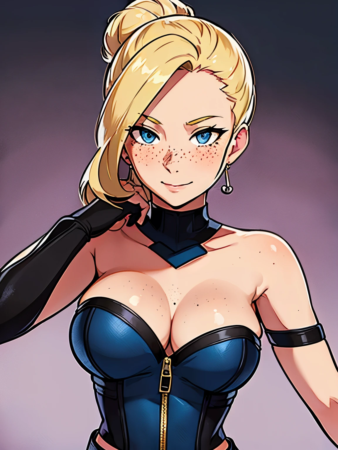 beautiful woman, large breasts, cleavage, thin body, hair tied up in a messy bun, blonde hair, blue eyes, freckles, seductive, happy, smiling, blushing, strapless corset, bare arms, no sleeves, frayed short shorts, thigh high boots, detailed nightclub background, crowded nightclub