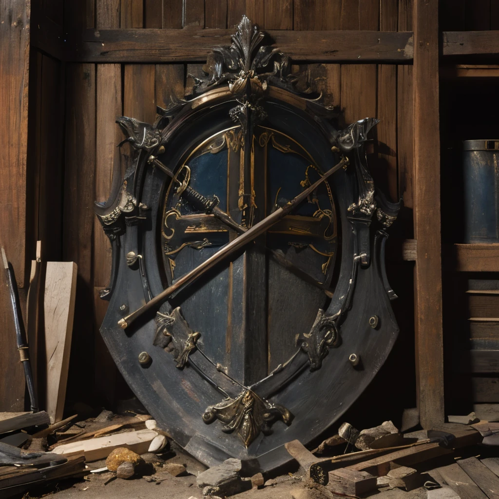 stilllife front view, metal huge battle shield in centre, symmetric composition, ancient old damaged shield with covered decor, front vew frontal, wood metal, super detailed, high resolution, ultra detalisation. masterpiece, ancient weapon steel swords around, pile of weapons steel swords weapon//