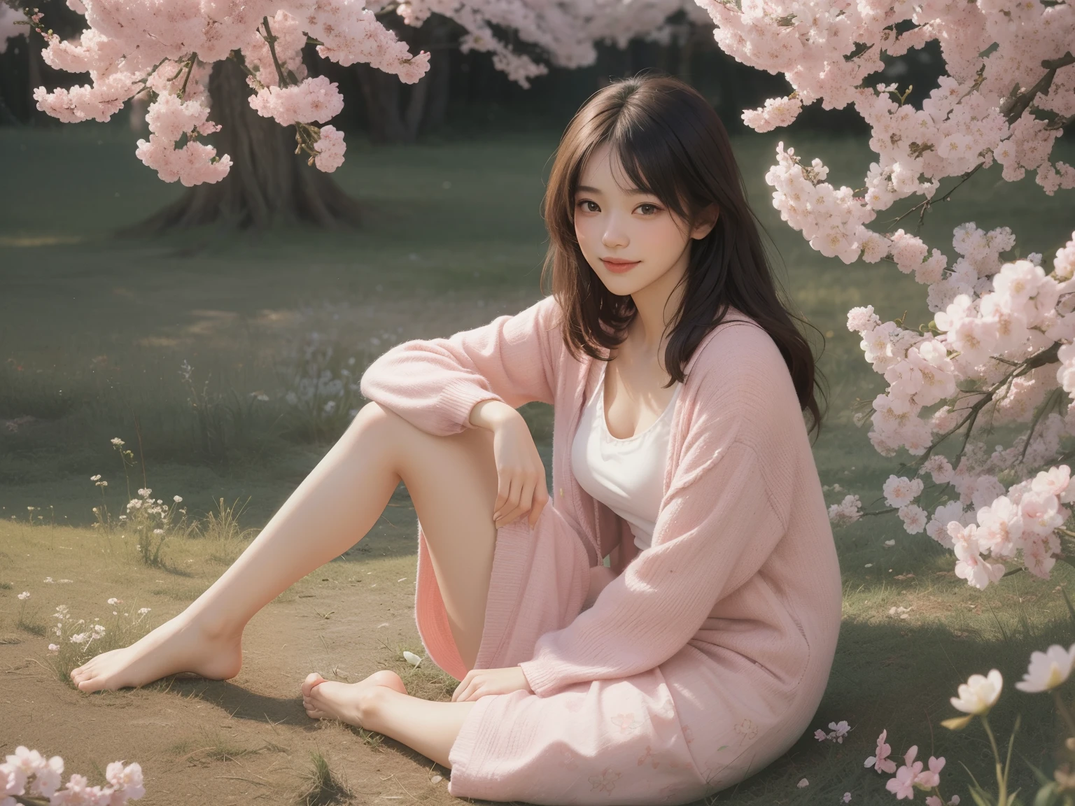 Best quality, masterpiece, ultra high resolution, (photorealistic:1.4), raw photo, 1girl, pink long dress and cardigan, sakura blossom flower field, glowing skin, light smile, sitting elegant ,cute