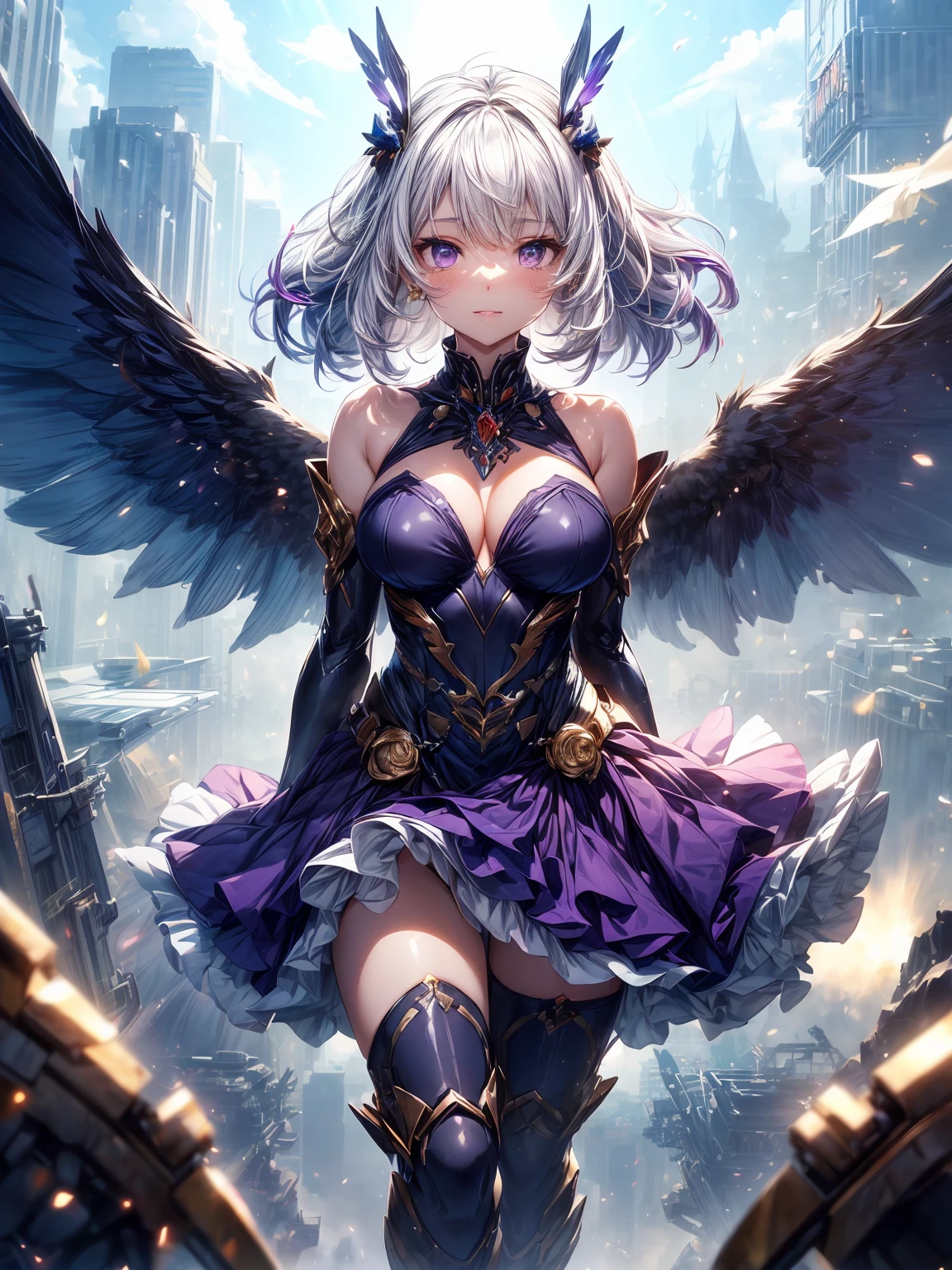 (masterpiece、highest quality, wonderful, very detailedティッカーユニティ、8k wallpaper, Depth of written boundary, Ultra-fine illustration:1.5)、。.。.3D, very detailed, (Full body Esbian、mecha princess girl:1.3), sci-fi battlefield, Hawken, smile, open your mouth、short ponytail hair, (purple hair, dark purple eyes:1.2), sparkling eyes, cute顔, cute, big breasts, delicate hair, messy hair, (((Flying high in the sky))、blue sky, White cloud), shiny hair, shiny skin, (Symmetrical mechanical winetallic colored mechanical wings that are widely expanded to the left and right so that they protrude wonderfully from the screen, bite, white hair ornament), (particles of light, cinematic lighting: 1.3), (pale pink lips: 0.8), by Yusuke Murata.