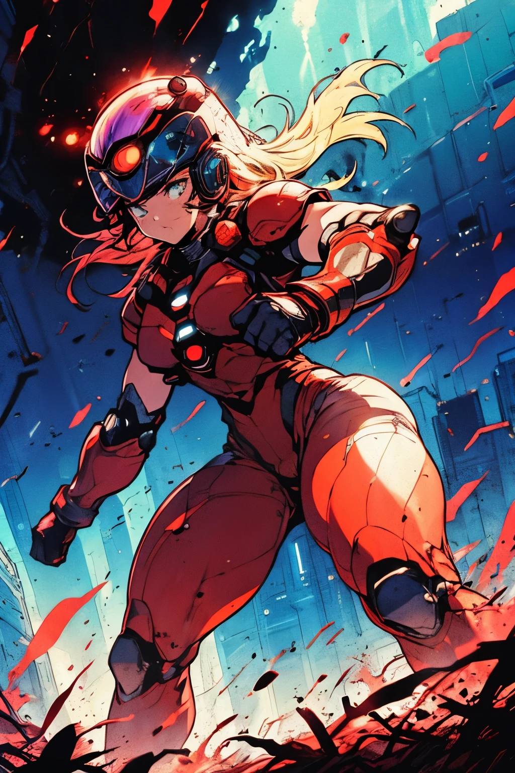 a girl transforming into a Tokusatsu super hero, flowing costume, vibrant colors, shiny metallic armor, detailed helmet design, high-tech gadgets, action-packed scene, intense fighting pose, dynamic camera angle, explosive special effects, epic battle against giant monsters, futuristic cityscape backdrop, dramatic lighting, atmospheric shadows, realistic texture, 4k resolution, vibrant color palette, comic book style strokes, powerful energy beams, dramatic lens flare.