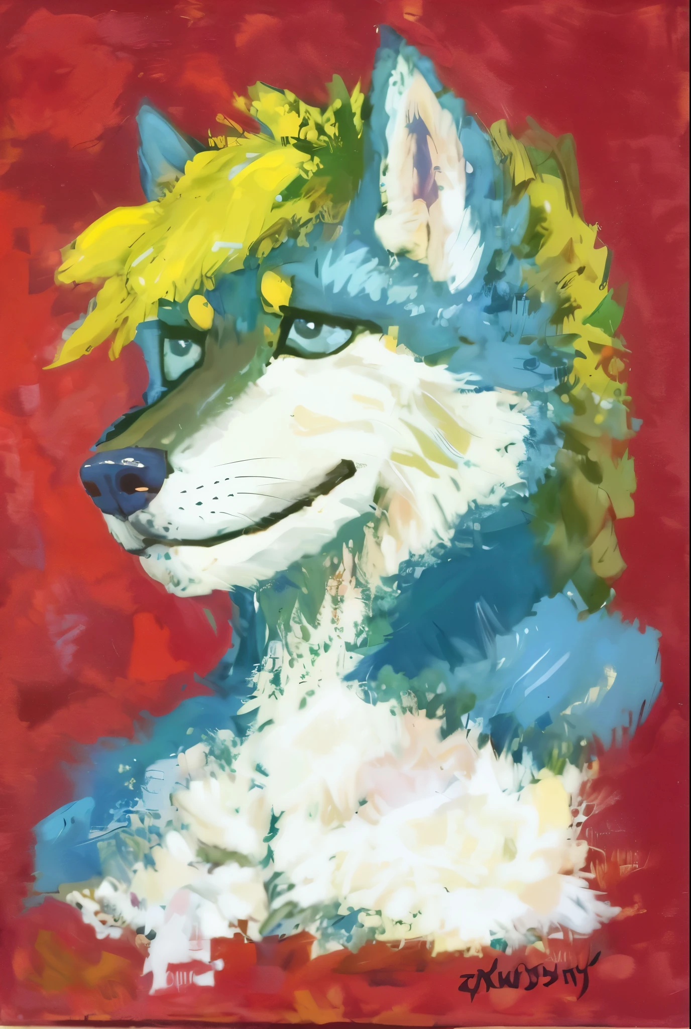 painting of a dog with a olive green wig on its head, portrait of an anthro fox, furry character portrait, anthropomorphic wolf, an anthropomorphic wolf, handsome weasel fursona portrait, furry wolf, inspired by Caspar Wolf, art in the style of joshy sly, portrait of a lisa frank, spike painting, inspired by Wolf Huber