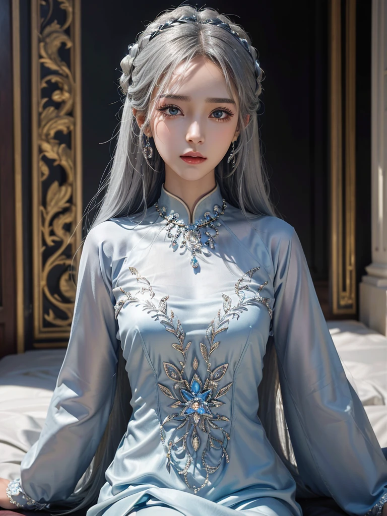 masterpiece, best quality, extremely detailed,cinematic lighting, finely detailed beautiful face and eyes, stoic, arrogant , long smooth shiny silver hair, Realistic lighting, pretty face , Body perfect anatomy,Top Quality, Top resolution, realistic , Cinematic, Aesthetic, beautiful girl , full body , modest silk aodai