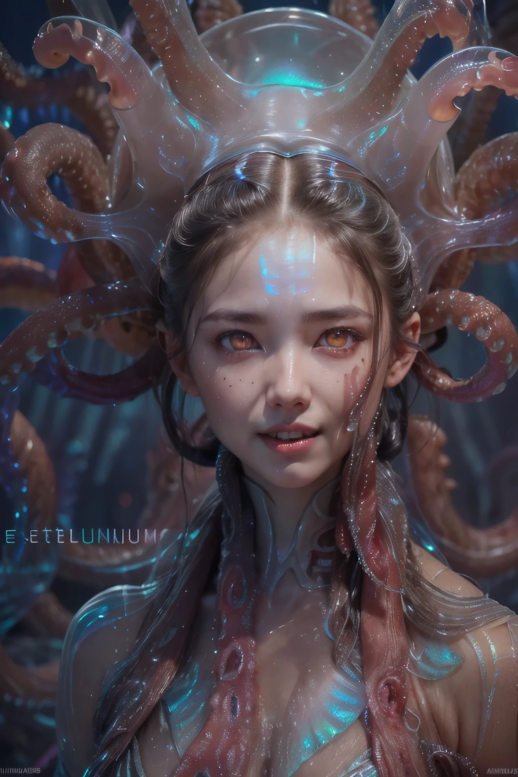 (1 beautiful and obscene female alien:1.4), (There is a female genital-like organ in the middle of her forehead:1.95), (vulgarity1.7), (she is looking at viewers with glowing red eyes with no pupils:1.8), (She has translucent pale skin:1.7),(She has the most beautiful face in the history of the universe:1.2), (She has multiple bioluminescent organs on the side of her tentacles:1.4), (Her body is covered with an iridescent exoskeleton:1.6), (She is showingh her arm pits:1.4), an evil gaze that seduces, (large mouth:1.1), (sharp teeth like a vampire:1.2), Full body portrait, (bio luminescent:1.5), (Smile wickedly:1.3), (sexypose:1.5), alien, No humans, cells are fused, (there are lots of translucent tentacles from her head like her hair:1.8) extraterrestrial, cell, bio image, masterpiece, ultra high resolution, (photos realistic:1.7), scary and sexy detailed art in color, best quality, 8K,In 4K_quality, High freshness, Dramatic Lighting, cinematic quality, (exquisite details:1.2), High freshness, drawing faithfully, (Thick eyebrows:1.2), Beautiful eyes with fine symmetry,(Highly detailed face and eyes:1.2),(Super detailed skin quality feeling:1.4), perfect ???????, (Beautiful toned body:1.5), (Moist skin:1.2), not wearing makeup, (dark circles:1.1), long canines, cinematic drawing of characters, cinematic quality, (exquisite details:1.2), high resolution, High freshness, drawing faithfully, official art, Unity 8K Wall paper, ultra detailed artistic photography, midnight aura, unreal engine 5, Ultra Sharp Focus, art by Amano Yoshitaka, ArtGerm, Roisch, intricate artwork,ultra realistic realism, dream-like, Creation of fantasy, dream Snail, (biopunk nautilus:1.3),Thrilling color schemes, seductively smiling, Amazing mutation, well-proportioned body, goddess of the deep sea, fractal, Geometric pattern, impossible figures,(asymmetry:1.4), (white tentacles with blue stripes:1.4), subtle emerald green accents, (expression of ecstasy:1.6), wearing iridescent biological armor