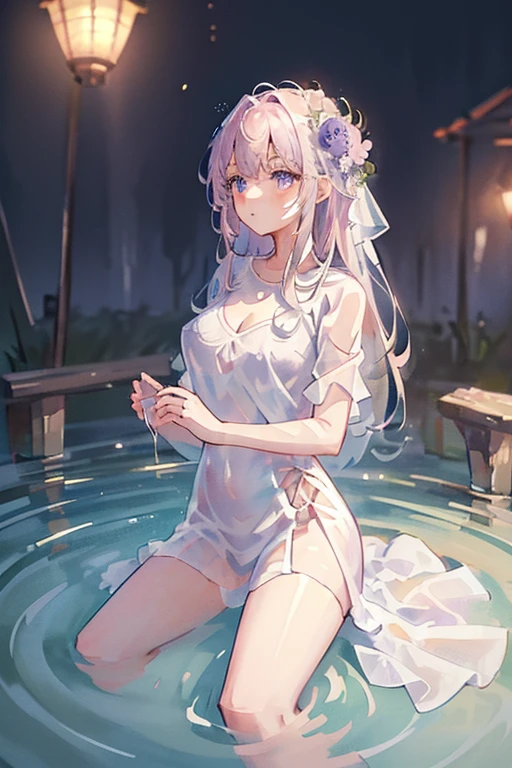 1girl, solo, ((liquid clothes)),\n(water), water drop, small breasts, see-through_dress,\ncherry blossoms,, falling petals, cleavage,  from above,\nshuimo, river, bare legs, light smile, (splashing),