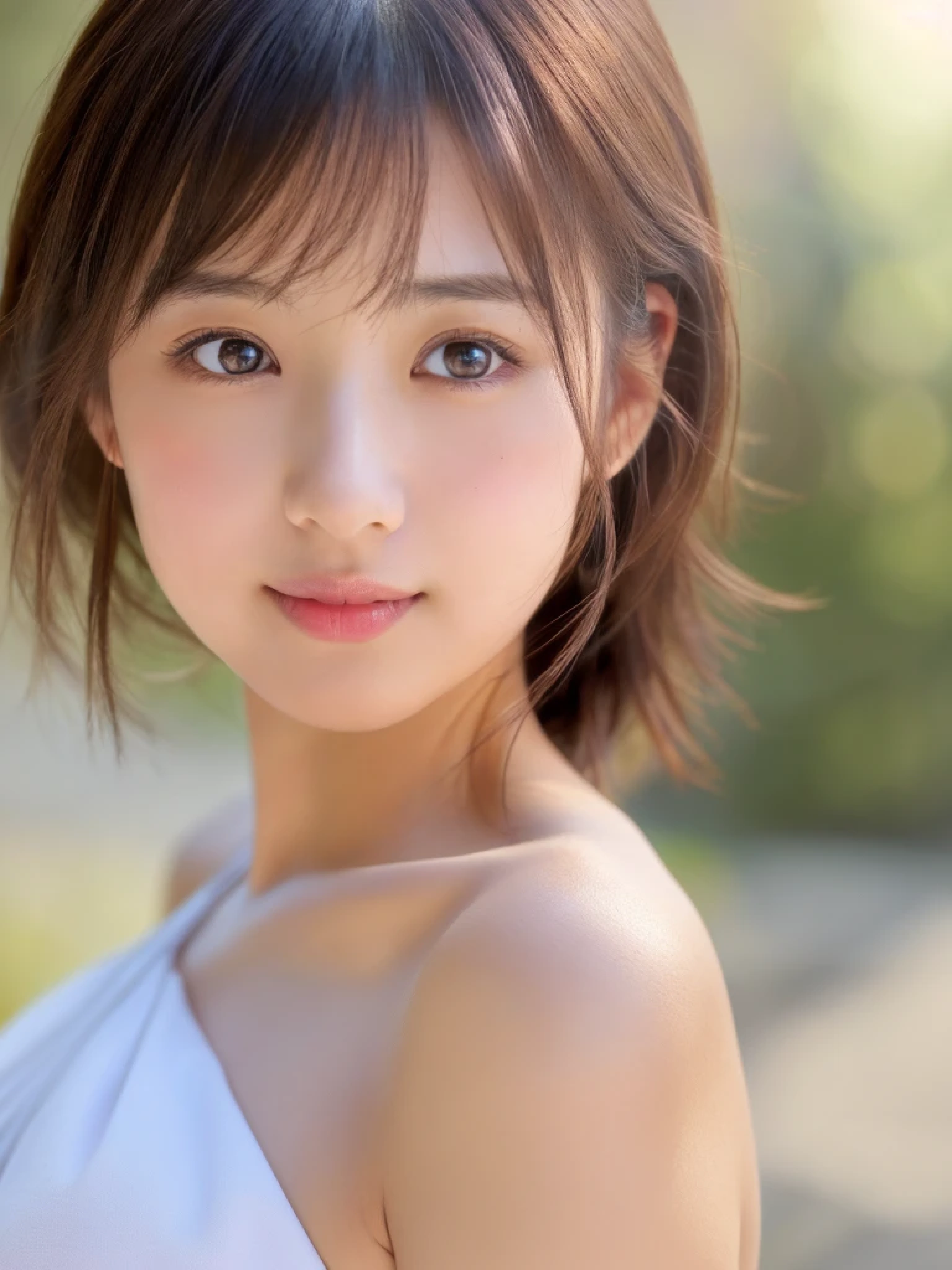 ((cute日本の女の子、beautiful japanese girl、1 girl、clear、19 years old、ponytail、Highly detailed face and skin texture、refinement、super detailed face、highly detailed eyes、Lee Hong、blush、cheek、ピンクのcheekを塗ったcheek、close-up of woman、 from the neck up、 Close to the camera、 positive face、Forward-facing body、look at the camera、front、cute、smooth white skin、Transparent skin texture、))、(dark brown hair、bangs)、beautiful woman with perfect style：1.4、japanese model、young gravure idol、若いcuteグラビアアイドル、Realistic young gravure idol、refinementされたグラビアアイドル、((highest quality、8K、masterpiece:1.3、１photograph))、(4K、RAWphotograph、highest quality)、(realistic、フォトrealistic:1.37)、Place someone on the other side of the screen、Natural light、professional lighting、F cup、big breasts、big breasts、Beautiful and well-shaped breasts、full nude、naked、topless、