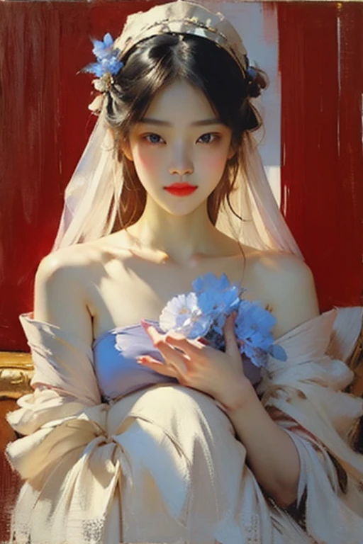 a close up of a woman with a flower crown on her head, asian features, jinyoung shin, inspired by Yanjun Cheng, traditional art, korean artist, gorgeous chinese model, yanjun chengt, fanart, by Ni Tian, beautiful south korean woman, official artwork, by Wu Bin, wenfei ye, popular south korean makeup, a young asian woman absolutely abstract Retro vintage art print, sexy, glamorous pin-up girl wearing a sailors hat, bikini, A painting of a woman wife ((golden ratio}} laying on the sofa after a long night on the town, a painting, a Beautiful expressive painting, malcolm liepke painting, glossy painting, beautiful digital painting, digital art painting, Fine paintings, monochromatic. malcolm liepke oil painting, impressionist painting.Spread your legs apart, beautiful and delicate face, fair skin