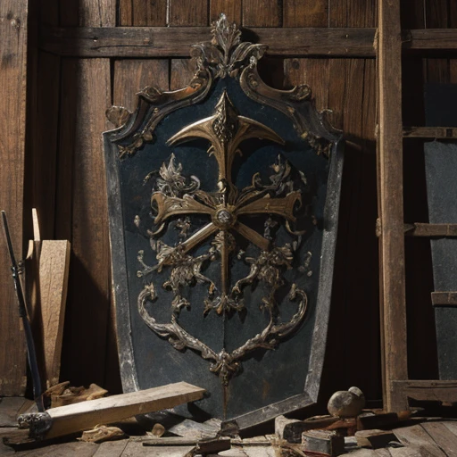 stilllife front view, metal huge battle shield in centre, symmetric composition, ancient old damaged shield with covered decor, front vew frontal, wood metal, super detailed, high resolution, ultra detalisation. masterpiece, ancient weapon steel swords around, pile of weapons steel swords weapon///