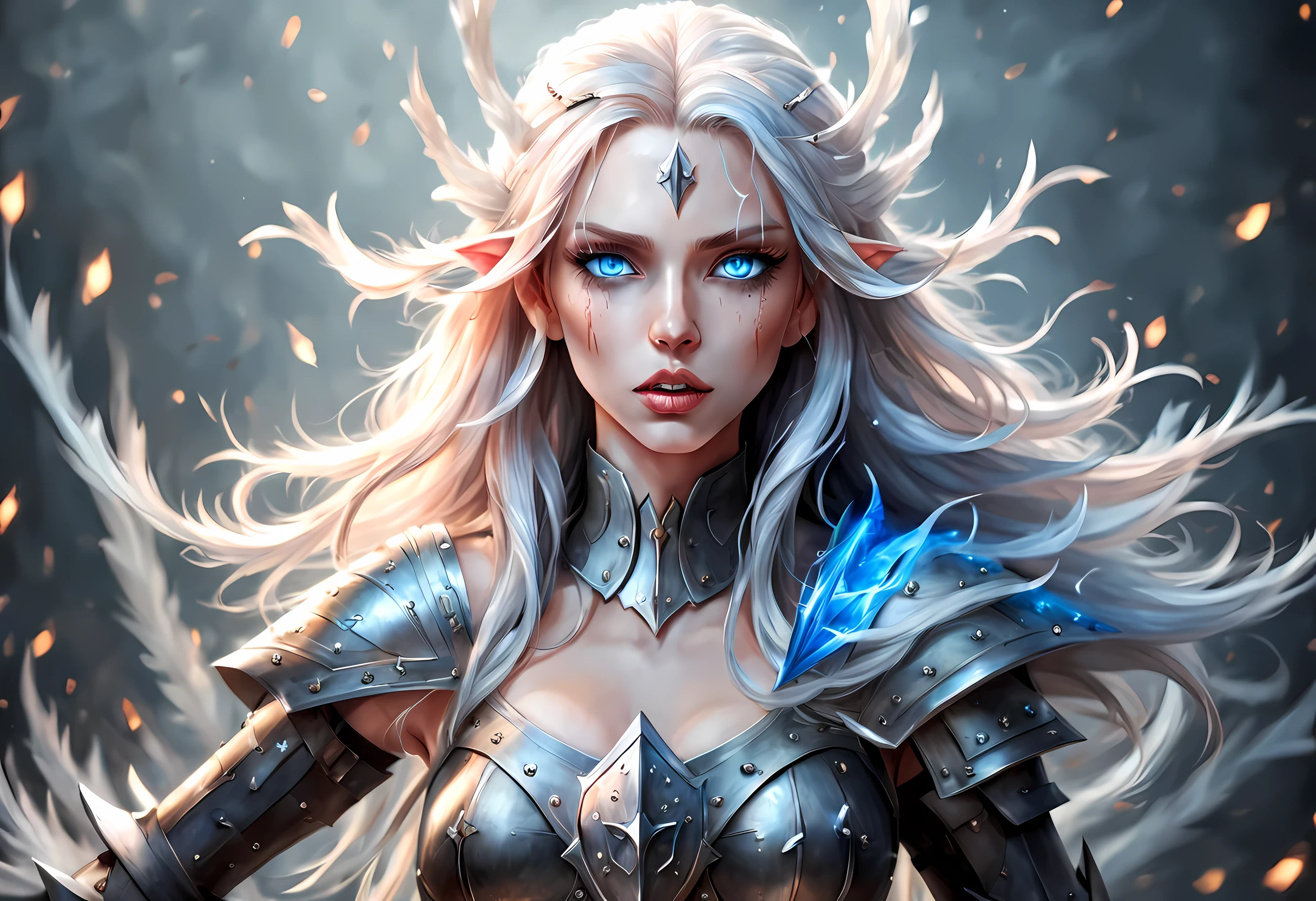 fantasy art, dnd art, RPG art, wide shot a picture of a (massive shield: 1.5) the shield has an image of  a beautiful female vampire elf, blood dripping, vampiric fangs, with a long curvy hair, light color hair, blue eyes, high details, best quality, 16k, [ultra detailed], masterpiece, best quality, (extremely detailed), close up, photorealistic, RAW, fantasy art, dnd art, fantasy art, realistic art,