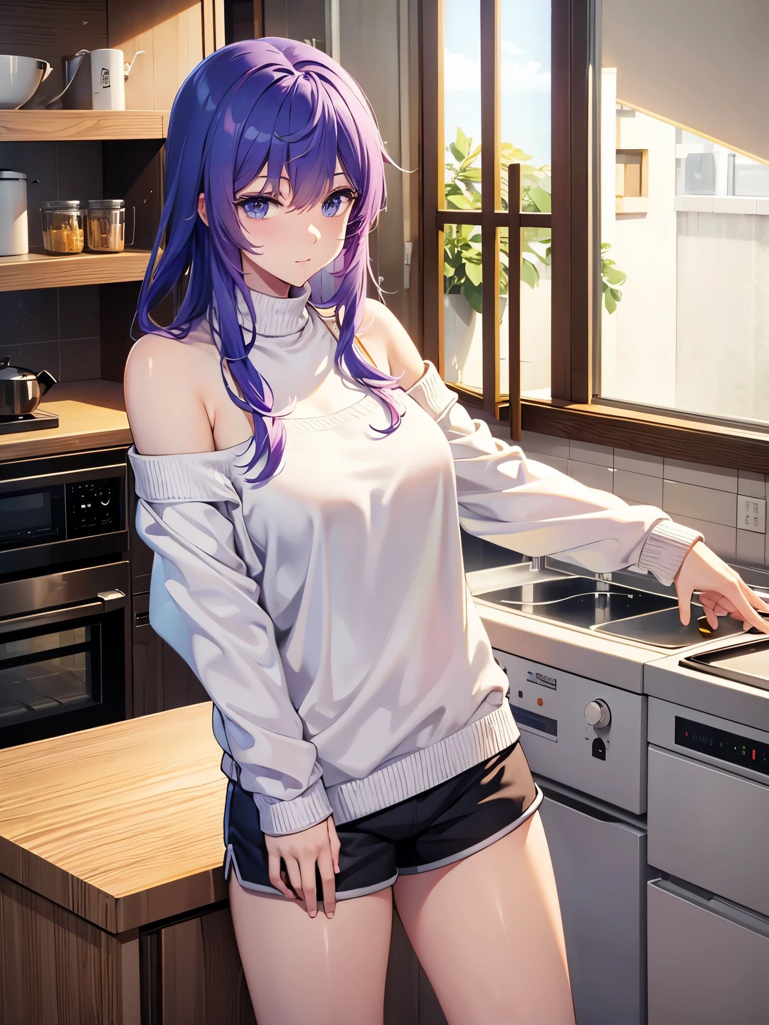 Tang Wutong, big , wearing off shoulder sweater and cotton shorts, home kitchen