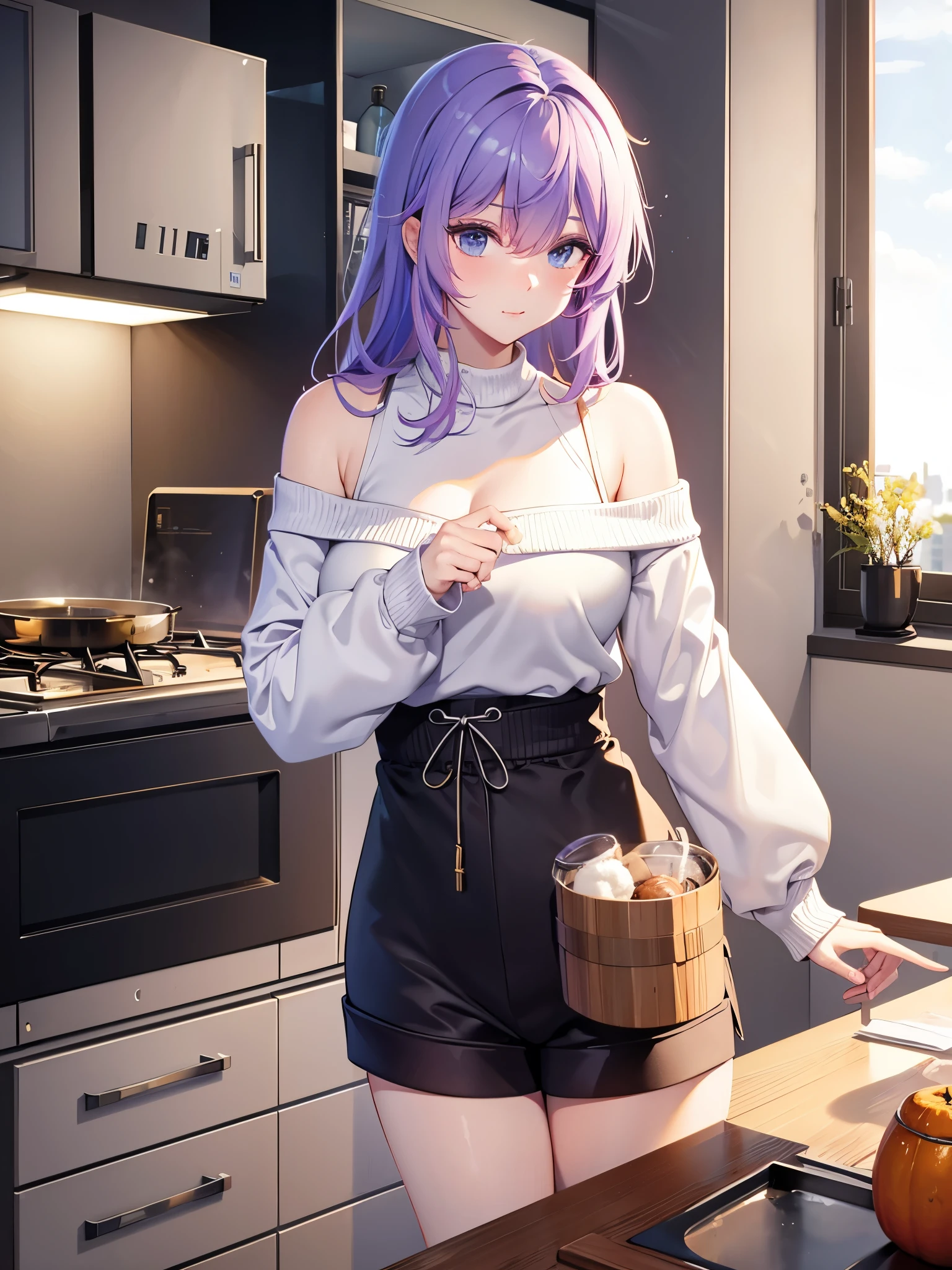 Tang Wutong, big , wearing off shoulder sweater and cotton shorts, home kitchen