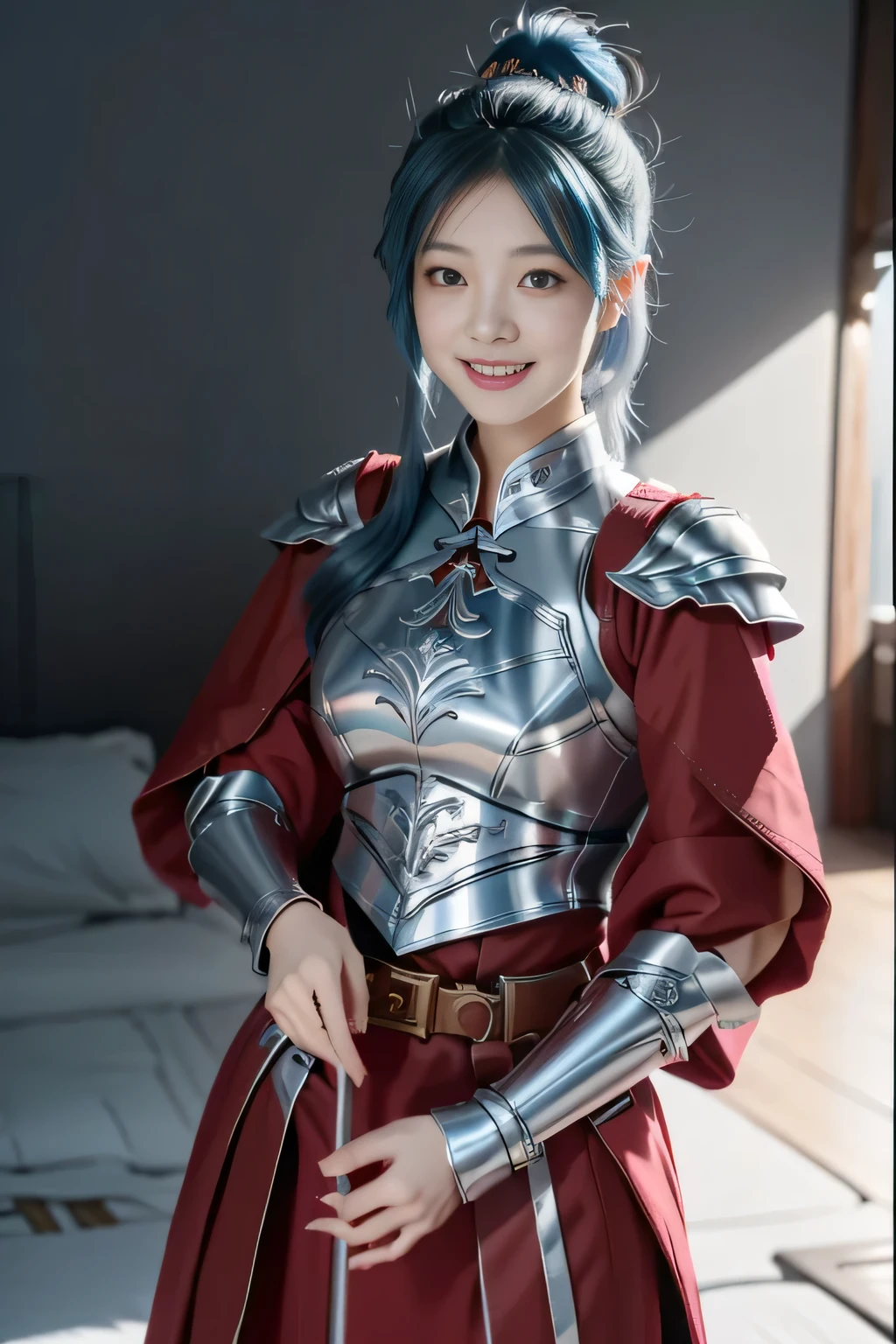 Chinese female general Hua Mulan,Saffron Hu suit lining,Detail the eyes,Crimson cape,Silver metal breastplate,silver helmet,battlefield background,majestic,Smile(open mouth)(The corners of the mouth are raised),Leather tunic,Knee armor,Eight clones,silver metal headband,light blue hair,Hair bun raised high。wild wilderness background