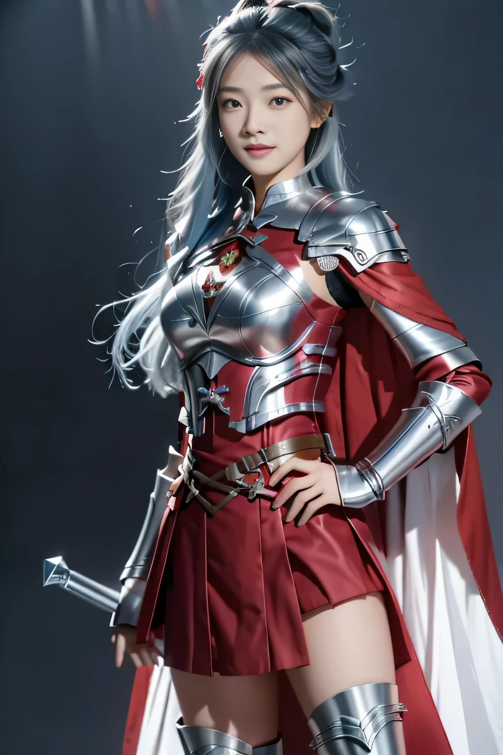 Chinese female general Hua Mulan，Saffron Hu suit lining，Detail the eyes，Crimson cape，Silver metal breastplate，silver helmet，battlefield background，majestic，Smile（open mouth）（The corners of the mouth are raised），Leather tunic，Knee armor，Eight clones，silver metal headband，light blue hair，Hair bun raised high。wild wilderness background