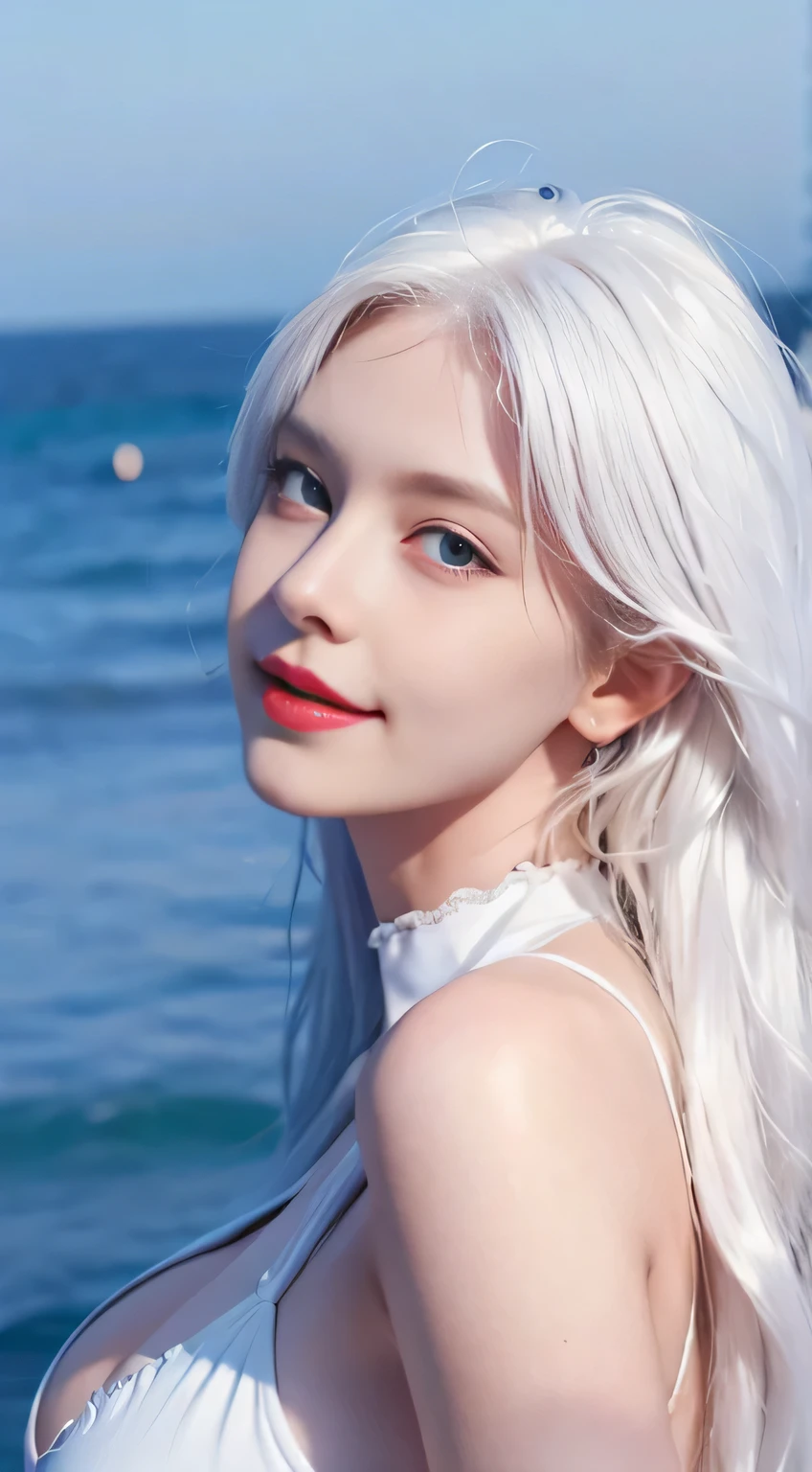 1 girl, (Wearing JK),(big breasts)((role play)),(( long white hair)),white hair, (perfect face),(perfect fingers),(Perfect blue eyes),(red lips),(Perfect body),masterpiece,actual,Very detailed, high resolution, 8k, (Close-up camera view),looking at camera, smiling, Seaside resort