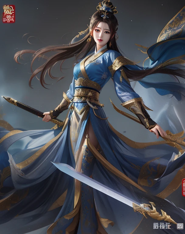 One wearing a blue dress、Arafad image of woman holding sword, author:Yang Jie, xianxia hero, she is holding a sword, full body xianxia, Inspired by Du Qiong, by Qu Leilei, Epic and beautiful character art, beautiful figure painting, Inspired by Zhu Lian, Full body martial arts, Queen of the Sea Mu Yanling