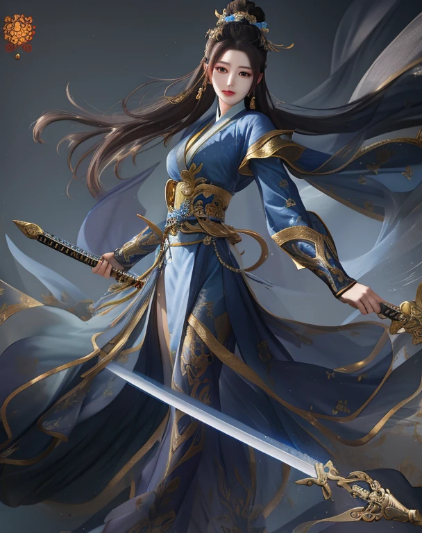 One wearing a blue dress、Arafad image of woman holding sword, author:Yang Jie, xianxia hero, she is holding a sword, full body xianxia, Inspired by Du Qiong, by Qu Leilei, Epic and beautiful character art, beautiful figure painting, Inspired by Zhu Lian, Full body martial arts, Queen of the Sea Mu Yanling