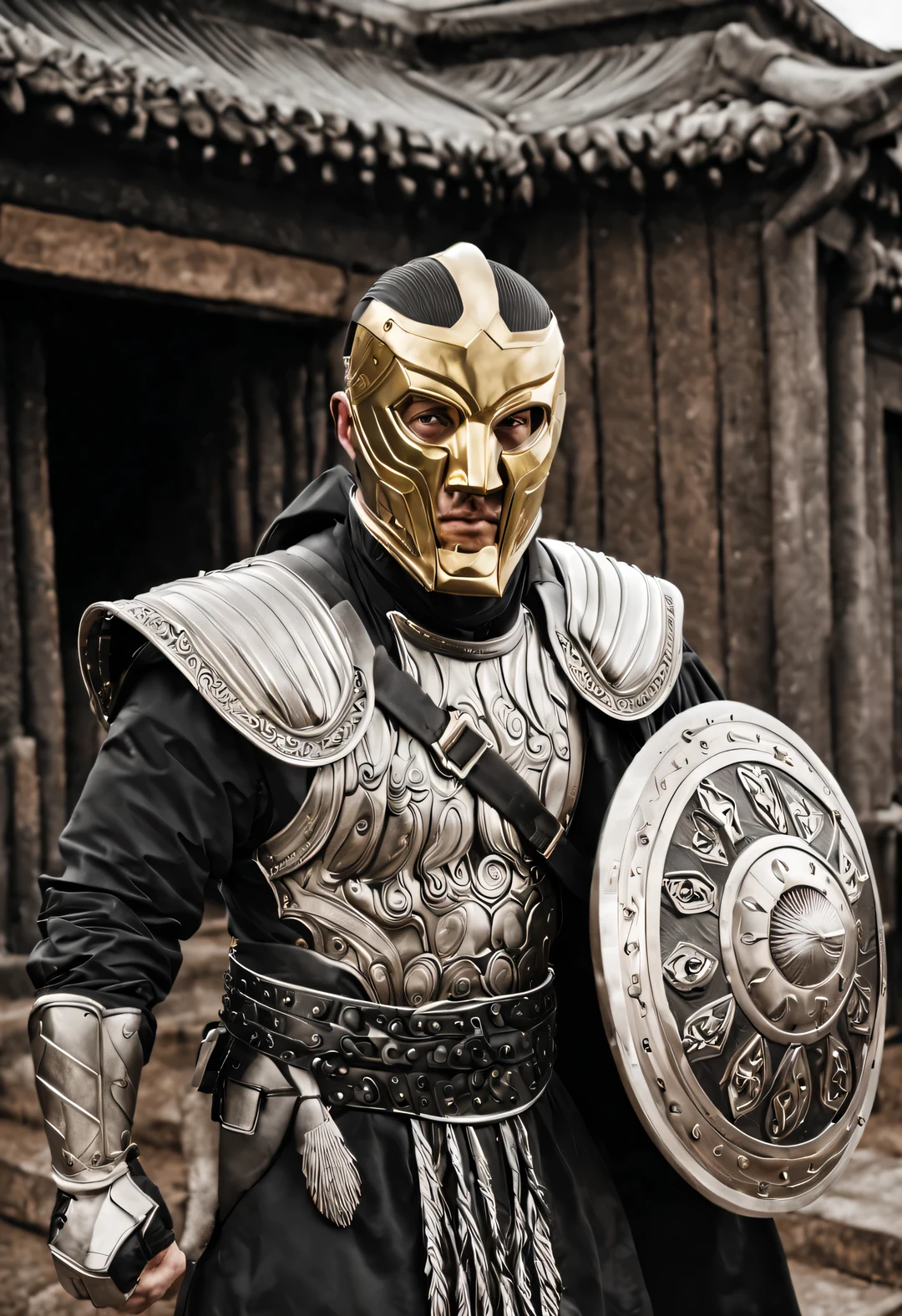 （black and white photography照片），black and white photography，（Tom Hardy holding a big gold shield high），Tom Hardy wearing a mask，Mystery，His mask is well made，smooth lines，It complements his handsome face perfectly，The mask covered most of his face，只露出那双明亮如星辰的眼睛和弯弯的眉毛这使得他在战场上更增添了几分威严和不可侵犯的Mystery。，The muscles are graceful，Like a perfect sculpture，