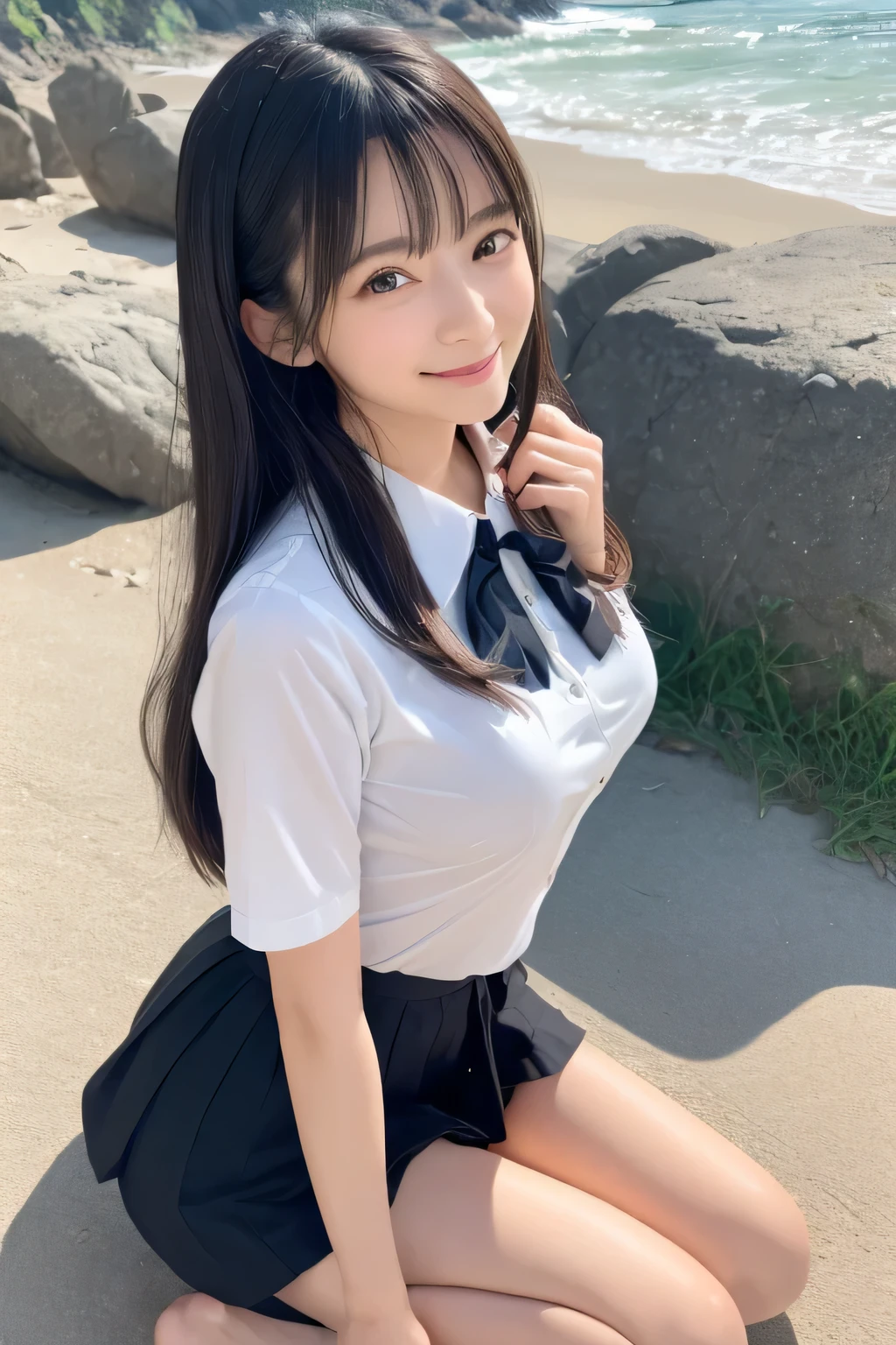 Smile、night、original photography、(((ultimate beauty portrait)))、((sparkling skin))、((masterpiece、top quality、Super detailed、movie light、intricate details、high resolution、Very detailed))、8 kood、digital SLR、soft light、high quality、film grain、富士XT3 、shallow view deep、natural soft light、Kamimei、on the table, Boutiques, illustration, Super detailed, beautiful, high resolution, 8k wallpaper, Perfect dynamic composition, Beautiful and delicate eyes, full Body photography showing your whole Body, collared shirt, long hair, Bold sexy pose , Smile, Harajuku, 20 year old girl, large size: 1.5, Body, side view、Holding a bouquet of flowers、sentado na praia、Above the legs、from below