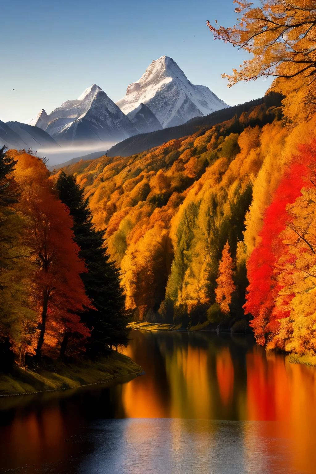 A breathtaking scenery unfolds, an enchanting tableau inspired by J.R.R. Tolkien's Lord of the Rings. The rolling hills and emerald valleys extend in every direction, dotted with towering trees adorned in vibrant autumn leaves. A tranquil river winds its way through the landscape, reflecting the azure sky above. Gentle mist unfurls from the water's edge, casting a magical glow over the scene. In the distance, mighty mountains peer above the trees, their snow-capped peaks piercing the heavens. A hoard of golden sunlight spills over the landscape, illuminating the intricate details of the myst