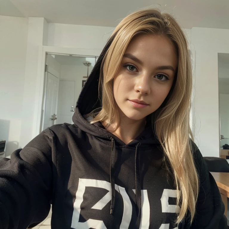 Beautiful blonde, hoodie, hood up, 18 years old, cute, long blonde hair, Realistic,posing for camera,  selfie, holding camera 