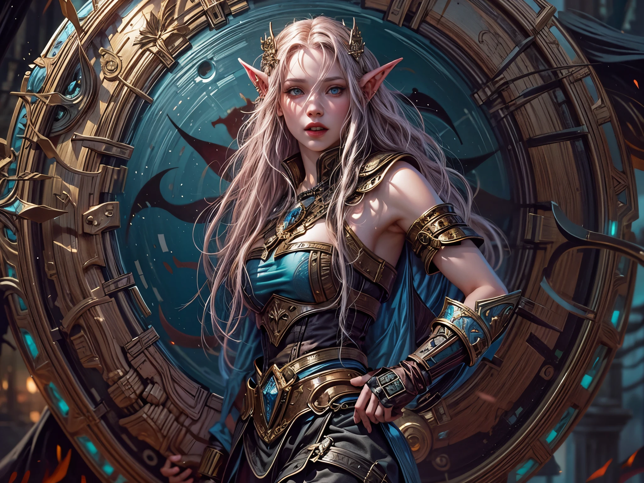 fantasy art, dnd art, RPG art, wide shot a picture of a (shield: 1.5) with an image engraved on the shield of a beautiful female vampire elf, blood dripping, vampiric fangs, with a long curvy hair, light color hair, blue eyes, high details, best quality, 16k, [ultra detailed], masterpiece, best quality, (extremely detailed), close up, photorealistic, RAW, fantasy art, dnd art, fantasy art, realistic art,