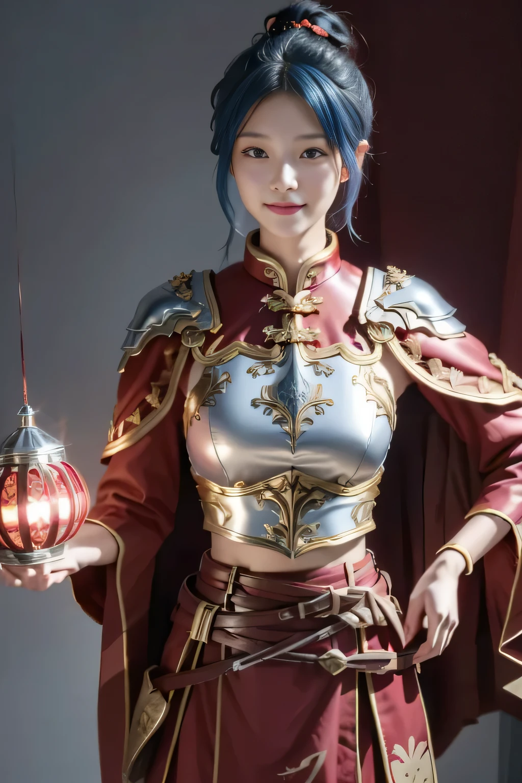 Chinese female general Hua Mulan，Saffron Hu suit lining，Detail the eyes，Crimson cape，Gold metal breastplate，silver helmet，battlefield background，majestic，Smile（open mouth）（The corners of the mouth are raised），Leather tunic，Knee armor，Eight clones，red metal headband，light blue hair，Hair bun raised high。wild wilderness background