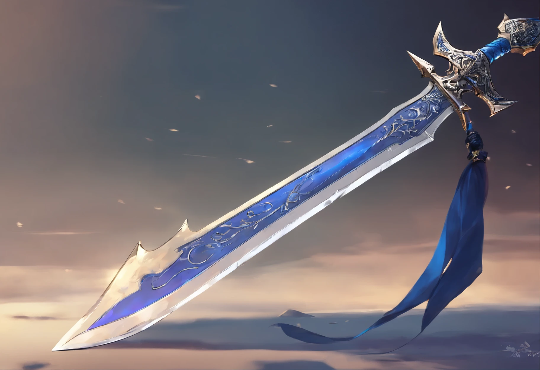 sword, digital art, greatsword, sword only, long blade, masterpiece, shining in blue color,