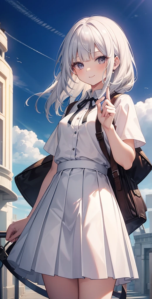 master piece, highest quality, High resolution, KR1, gray eyes, smile, fringe, white shirt, long skirt, Standing Finger Prick, pleated skirt, small breasts, Long White Hair, cowboy shot,RPG traveler