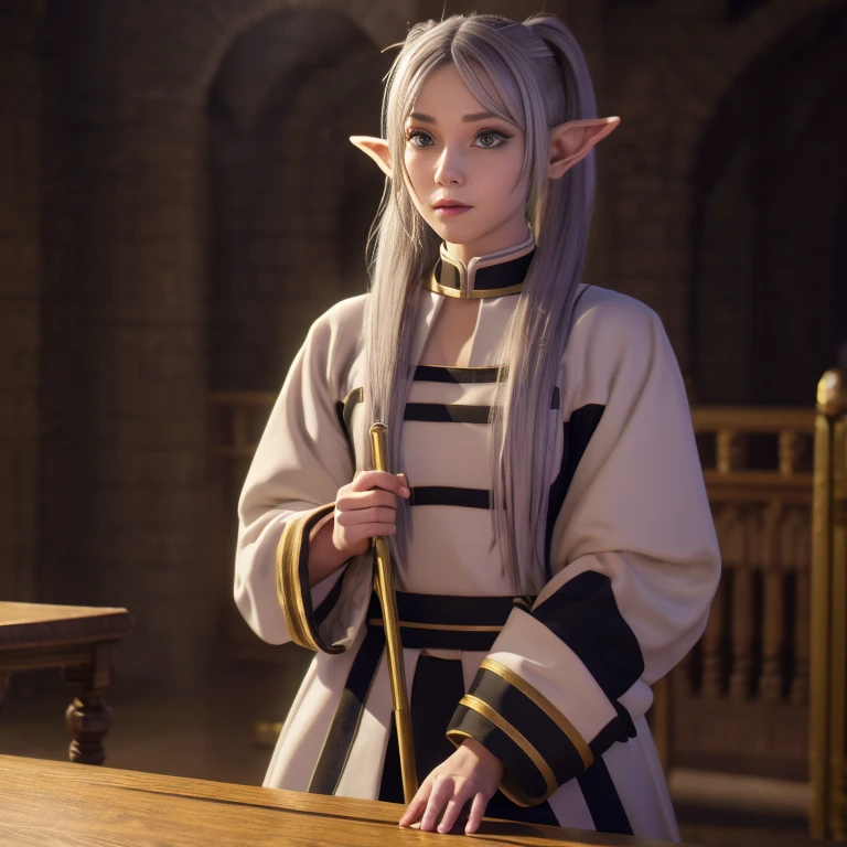 An elf girl,Double ponytail gray hair、white robe and skirt、black leggings、Brown boots,green eyes,parted bangs,thick eyebrows,beautiful Finger,beautiful character design, official art,Extremely detailed CG unification, perfect lighting,rich and colorful, (the best_quality:1.0), 超high resolution,Super detailed, high resolution, lens flare, (beautiful_Face:1.5),on the table,the bestquality, wizard wand,Medieval cityscape