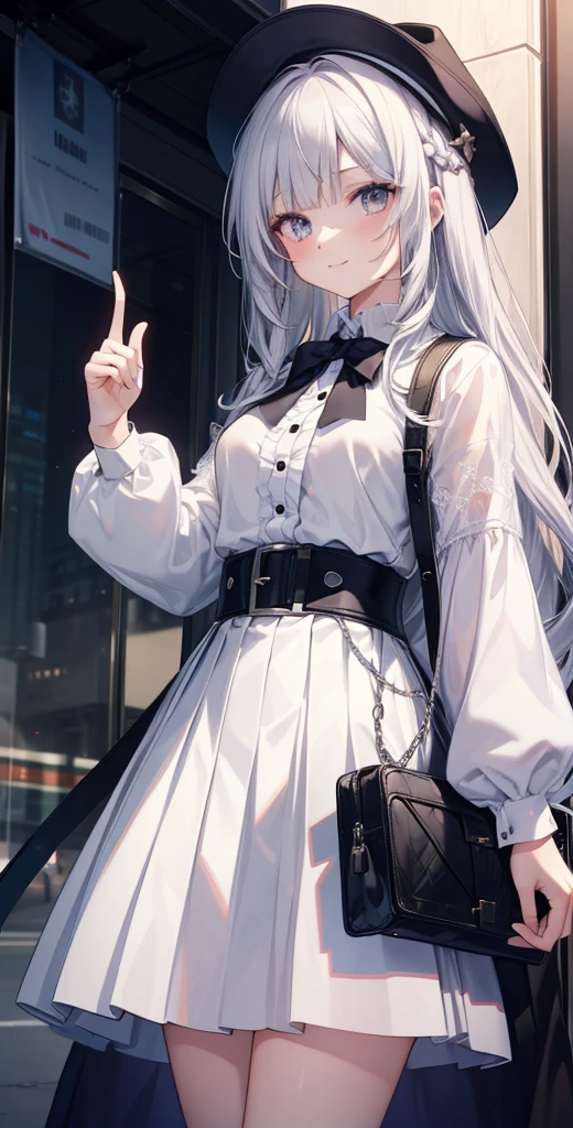master piece, highest quality, High resolution, KR1, gray eyes, smile, fringe, white shirt, long skirt, Standing Finger Prick, pleated skirt, small breasts, Long White Hair, cowboy shot,RPG traveler