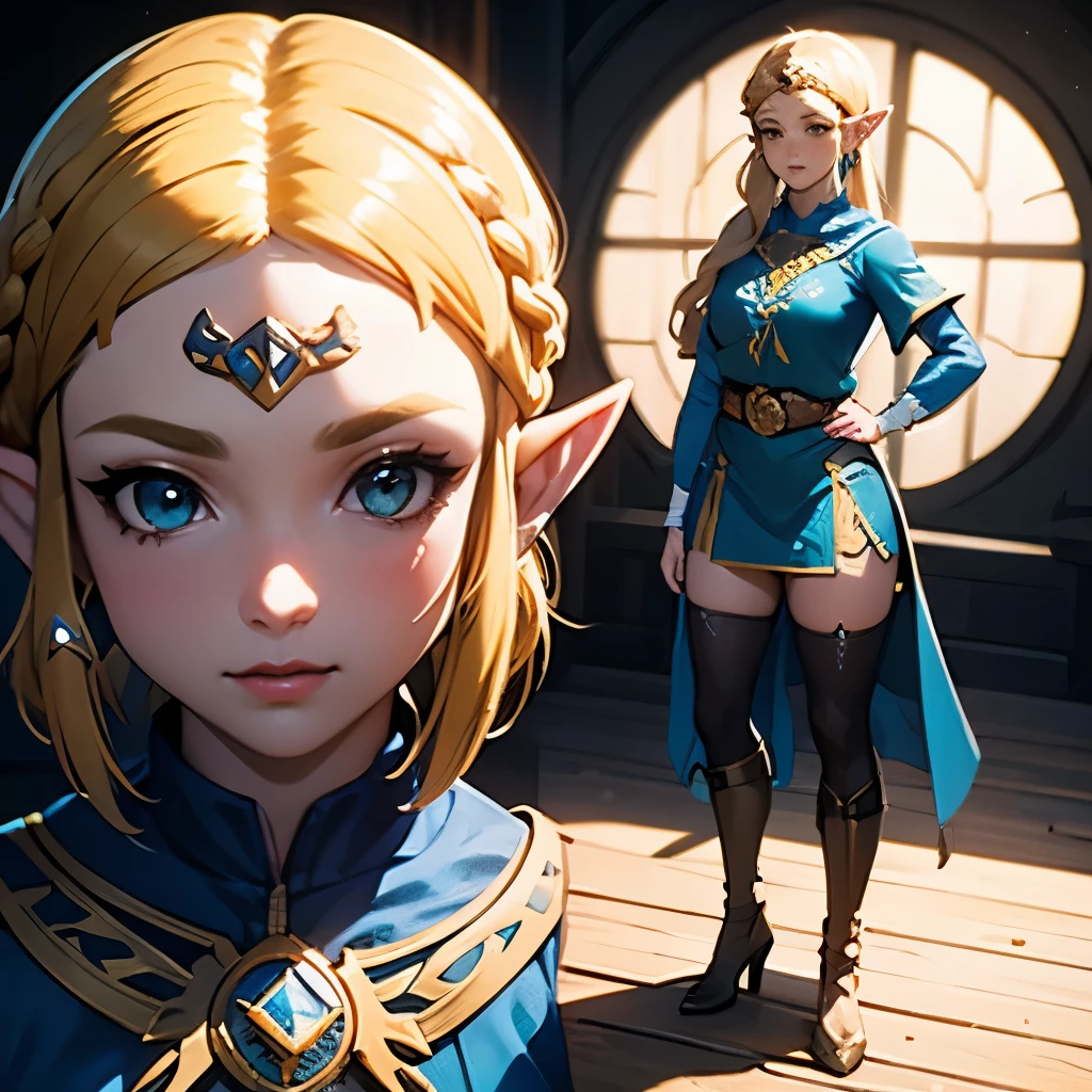 A Mature Woman with long hair in blue and beige clothing holding a modeling pose, warrior, Zelda, full body Portrait of Zelda, Zelda legend, Photos cosplay, Ornate Cosplay, Professional Cosplay, Cosplay, Full Cosplay, Artgerm Moody Photography, Princess Zelda, Zelda as Triforce, Hyrule, Anime Garota Cosplay, ray-traced, 3d-render, extremely detailed, high quality, realistic light and shadow, hair loiros, eye reflection, slight smile, ray tracing, ray tracing, High detail, realism, hyper-realism, depth of field, cinematic lighting, motion blur, brilho, bright light, raios de deus, ray tracing, reflection light, Afterimage , multiple views, Lens Reflex, Bokeh, 4k, UHD, Masterpiece, anatomically correct, textured skin, Super Detalhe, high quality, best quality, 8k