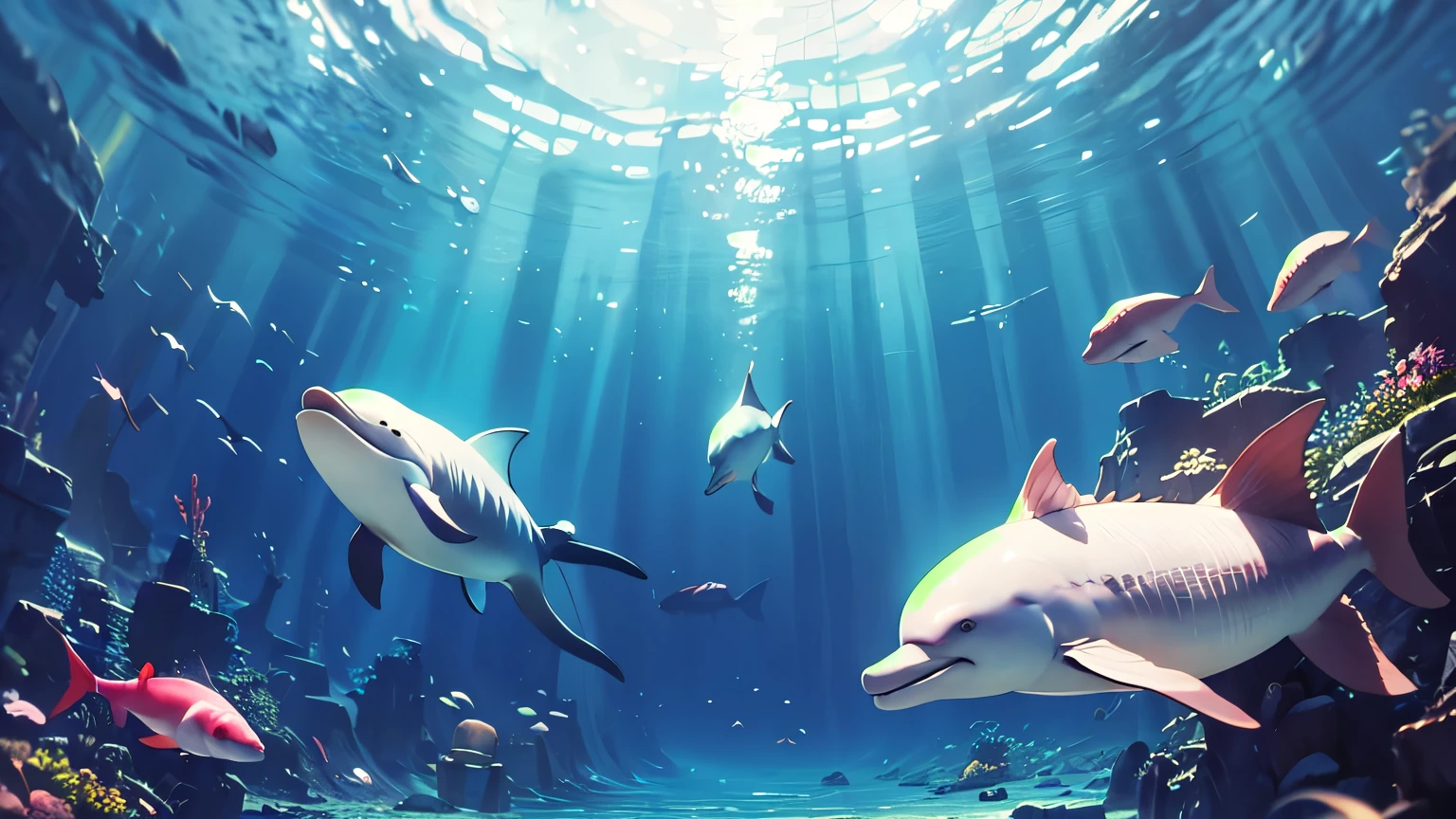 ((best quality)), ((masterpiece)), (detailed), perfect face, Painting of dolphins swimming in colorful ocean, Look up at the composition, Jellyfish and whales, Inspired by Cyril Rolando, A beautiful artwork illustration, author:Shitao, colorful concept art, Makoto Shinkai Cyrillo Rolando, In the style of Cyril Rolando, whale, Highly detailed watercolor 8K, highly detailed water colour 8 k,octane,the end,Realistic,8K,Estilo de Makoto Shinkai( reasonable design, 清晰的线条, High- sharpness,Best quality, Very detailed, Master parts, movie light effect, 4K ),A boy and a girl swim at the bottom of the sea,dream magical,The fish,