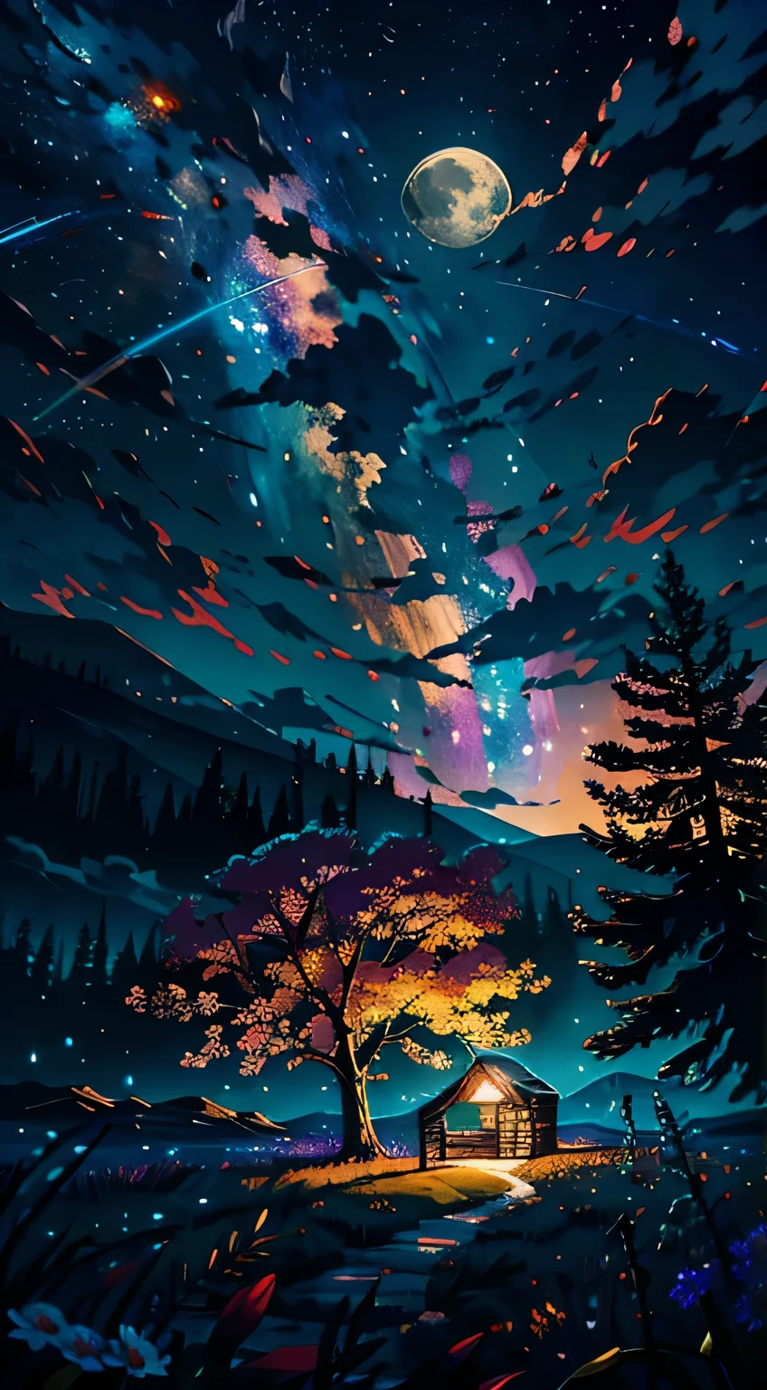 The best picture quality,Huge landscape photo,(view from below with a view of the sky and wilderness below),They stood in a flower field and looked up..,(full moon:1.2),(Meteors:0.9),(Star Cloud:1.3),Far Mountain,tree BREAK production art,(Warm light source:1.2),(Firefly:1.2),lamp lights,purple and orange,complex parts,volumetric lighting BREAK(masterpiece:1.2), (top quality),4K,Ultra-gentle,(Dynamic configuration:1.4),Very detailed and colorful details(Rainbow color:1.2),(Sparkling lighting,Atmospheric lighting),dream magic,magic,(One:1.2)