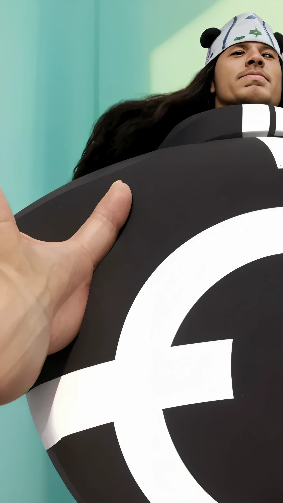 (masterpiece), (realistic), (ultra detailed), (high rest quality)), (((perfect anatomy))), (((Ukrainian))), ((man))), (((male))), (((muscular))), (((solo))), kuma from one piece, kuma, (((long curly hair))), wearing a head covering with panda ears, behind the character there is a green light
