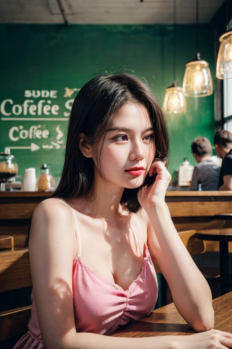 (8k, RAW photo, best quality, masterpiece:1.2), (realistic, photo-realistic:1.2), (photorealistic:1.4), (ultra high res, raw photo:1.4), ultra-detailed, a girl, perfect face, sitting, (upper body:1.3), (pink dress:1.2), (softlight:1.2), (professional lighting:1.2), (studio:1.2), (coffee shop background:1.2), bigoGirl02