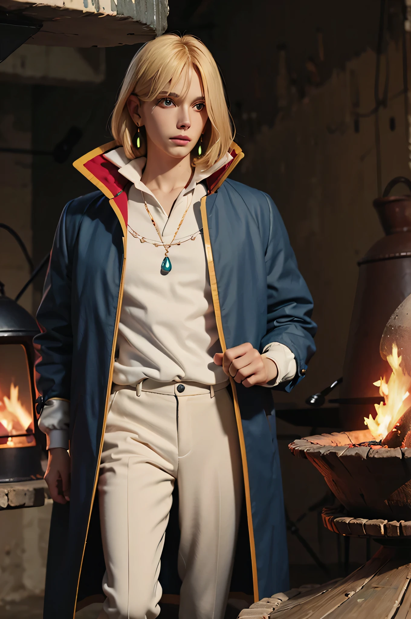 (highest quality), (masterpiece), (alone), fine eyes, 1 boy, blonde hair, blue eyes, Pop Color, high collar, bangs, white shirt, jewelry, Jacket, coat, earrings, stone furnace, interior, night, 