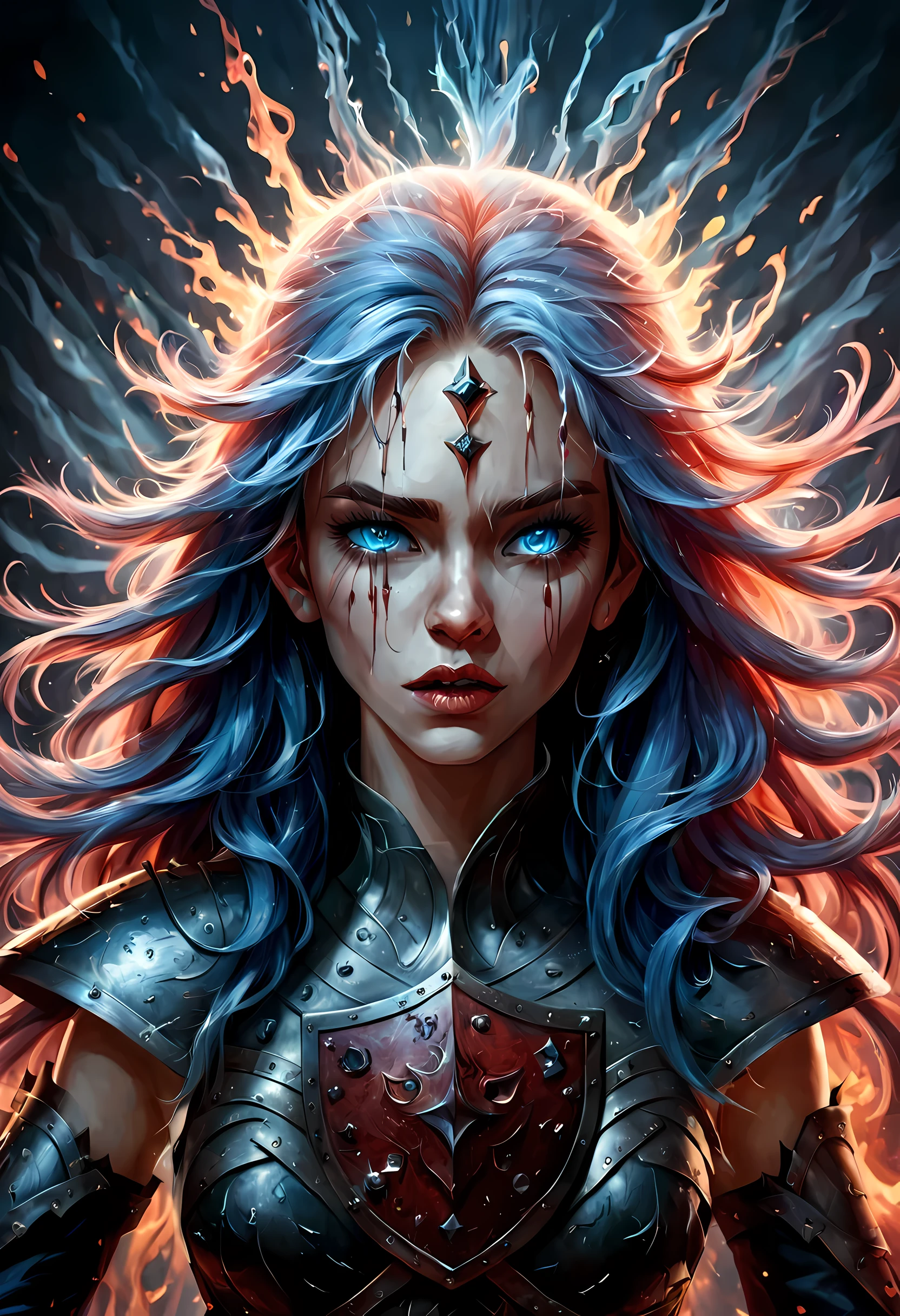 fantasy art, dnd art, RPG art, wide shot a picture of a (shield: 1.5) with an image engraved on the shield of a beautiful female vampire elf, blood dripping, vampiric fangs, with a long curvy hair, light color hair, blue eyes, high details, best quality, 16k, [ultra detailed], masterpiece, best quality, (extremely detailed), close up, photorealistic, RAW, fantasy art, dnd art, fantasy art, realistic art,