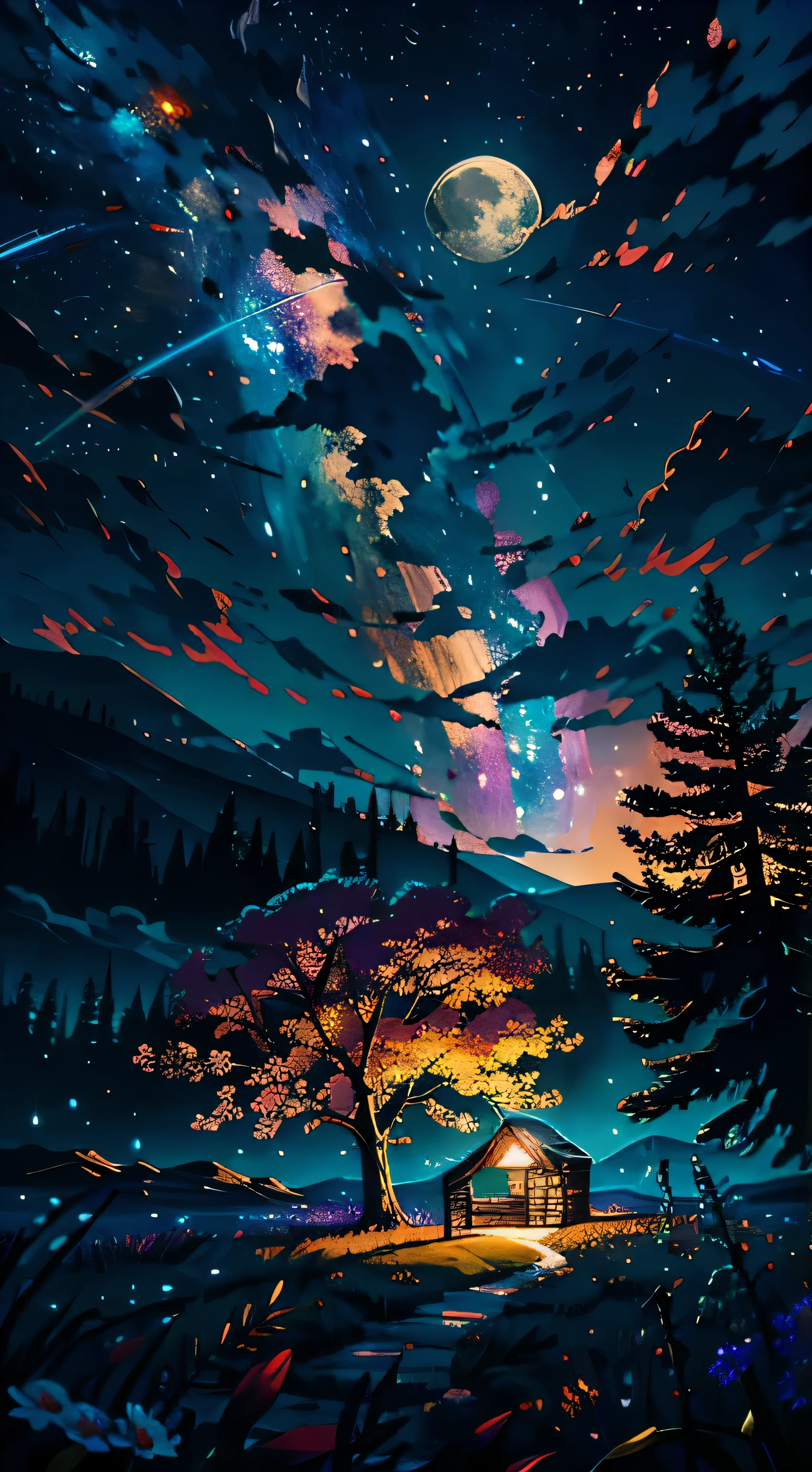 The best picture quality,Huge landscape photo,(view from below with a view of the sky and wilderness below),They stood in a flower field and looked up...,(full moon:1.2),(Meteors:0.9),(Star Cloud:1.3),Far Mountain,tree BREAK production art,(Warm light source:1.2),(Firefly:1.2),lamp lights,purple and orange,complex parts,volumetric lighting BREAK(masterpiece:1.2), (top quality),4K,Ultra-gentle,(Dynamic configuration:1.4),Very detailed and colorful details(Rainbow color:1.2),(Sparkling lighting,Atmospheric lighting),dream magic,magic,(One:1.2)
