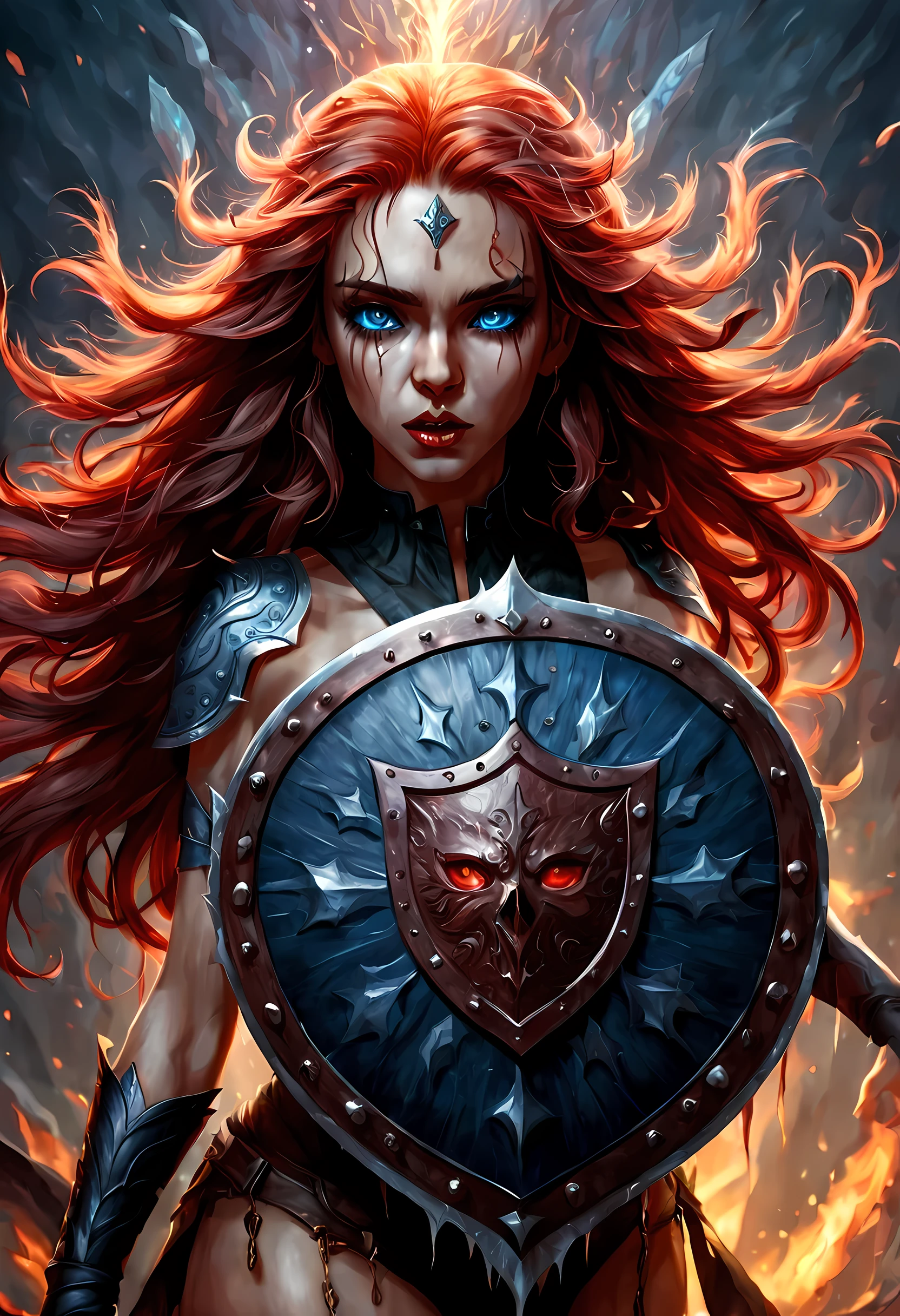 fantasy art, dnd art, RPG art, wide shot a picture of a (shield: 1.5) with an image engraved on the shield of a beautiful female vampire elf, blood dripping, vampiric fangs, with a long curvy hair, light color hair, blue eyes, high details, best quality, 16k, [ultra detailed], masterpiece, best quality, (extremely detailed), close up, photorealistic, RAW, fantasy art, dnd art, fantasy art, realistic art,