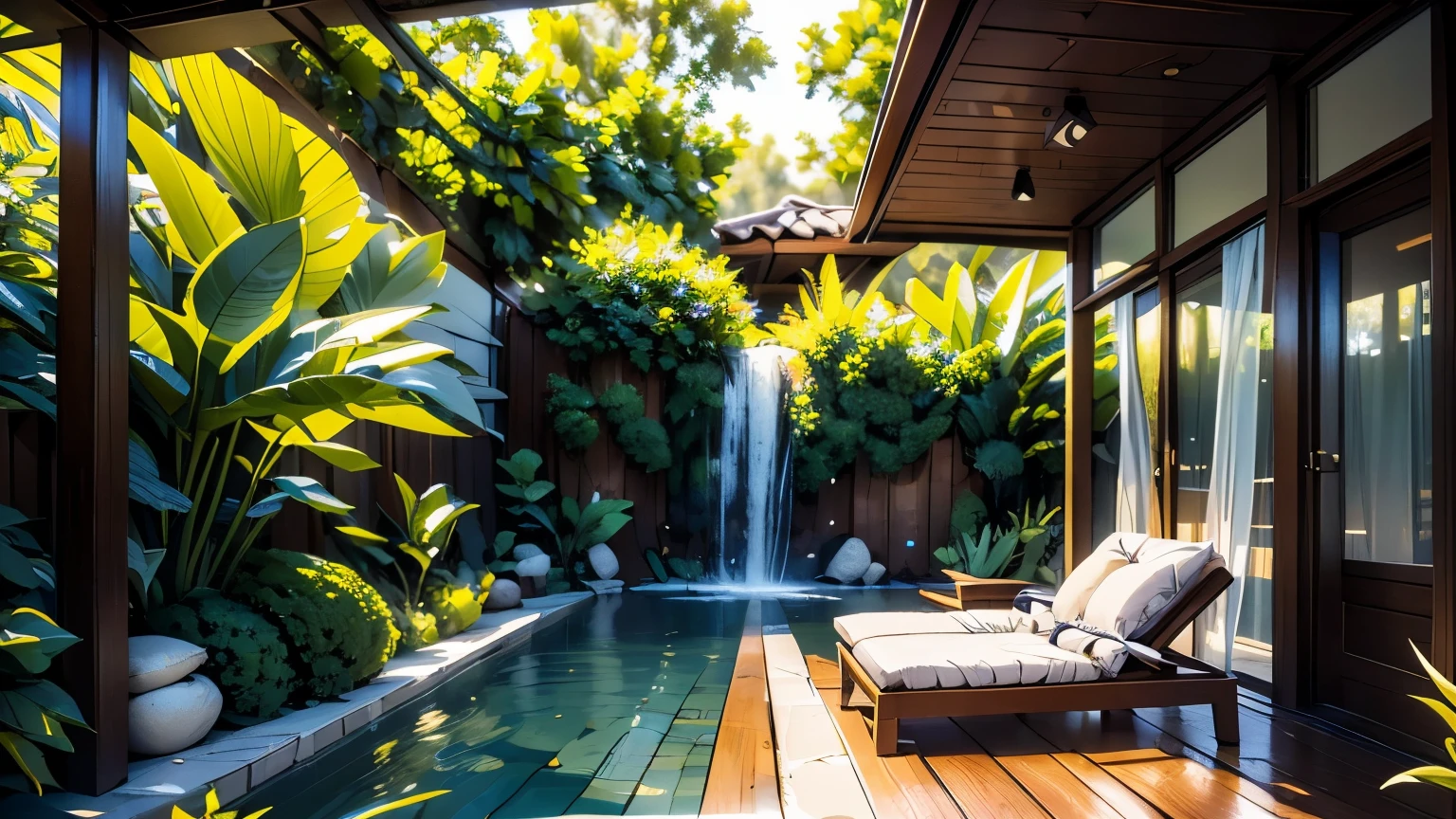 Descreva um ambiente sereno e tranquilo que inspire relaxamento. It can be an indoor or outdoor space, as long as it conveys a feeling of peace.