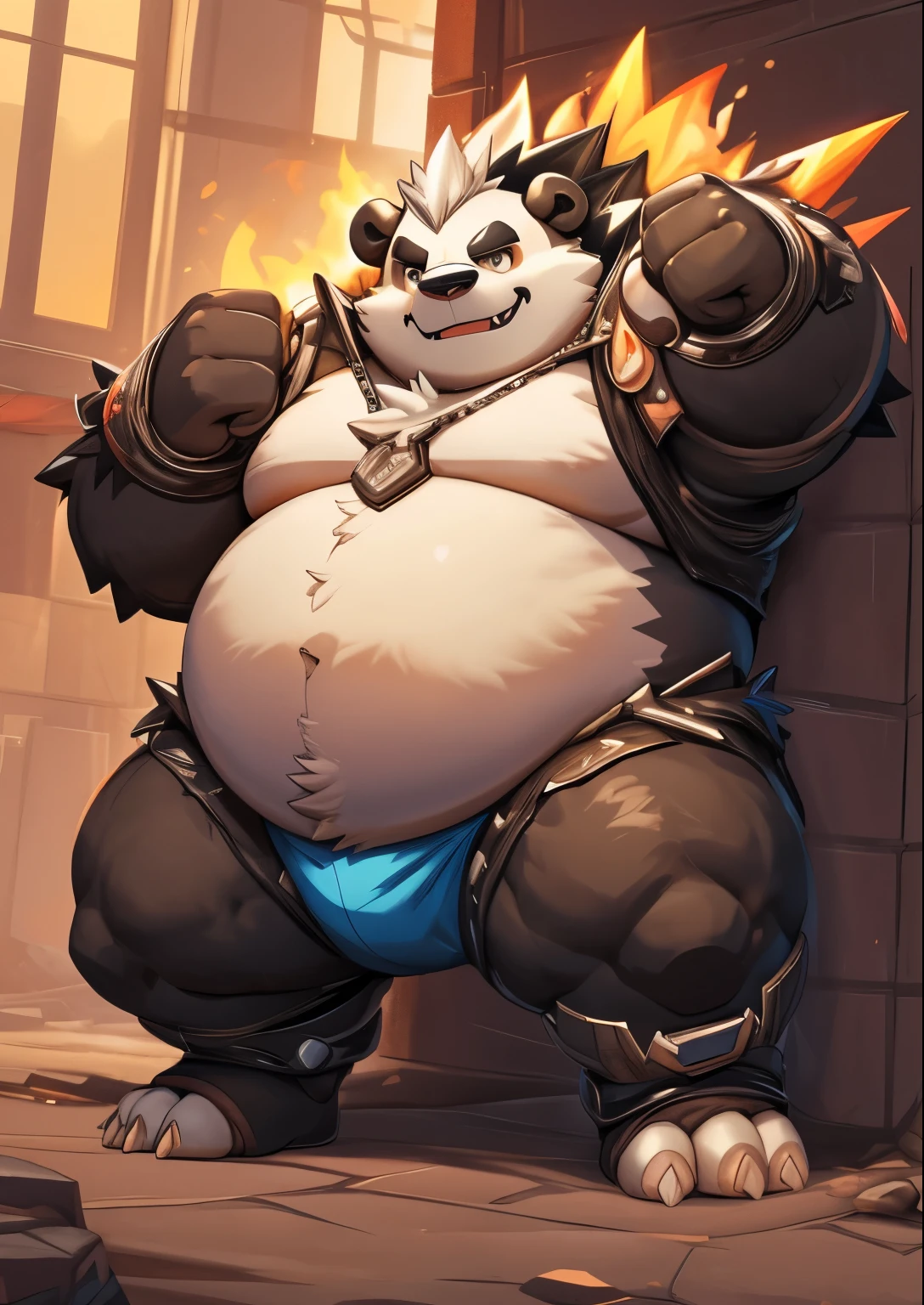 blue genitalia，solo，male people，chubbiness，small fat，Bare-chested，victory pose， solo， Detailed pubic hair， A high resolution，， tmasterpiece，Excessive obesity，Obesity in the extremities，Lift your feet，foot in the air，Correct body proportions，overweight，，Pangoro，roadhog