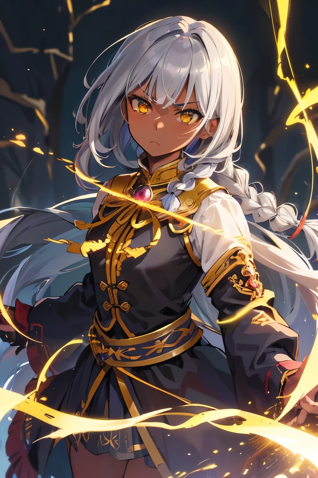 (masterpiece, highest quality, super detailed, best shadow), (detailed background, cowboy shot, null, lightning, Maya文明, Mayaのピラミッド, forest, dense forest, looking at the viewer, Severe, anger), (detailed face, masculine features, strong jaw line), (best illumination), ((cinematic light)), colorful, hyper detail, dramatic light, intricate details, (A Man Named Kaermon, Maya, dark-skinned male, gray hair, yellow eyes, gray hair, Braid, Mayaの服, god )