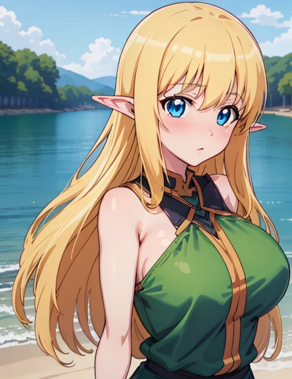 (masterpiece, best quality, high resolution, anime colored, anime screencap, 8k, detailed, photorealistic), tifania, The Familiar of Zero, blue eyes, blush, elf, long hair, large breasts, pointy ears, blonde hair, sideboob, green clothes, (upper body), lake