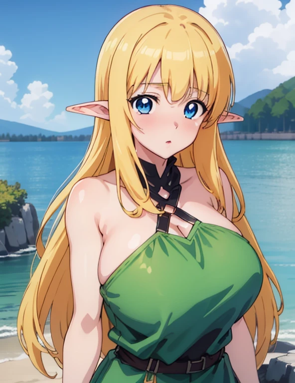 (masterpiece, best quality, high resolution, anime colored, anime screencap, 8k, detailed, photorealistic), tifania, The Familiar of Zero, blue eyes, blush, elf, long hair, large breasts, pointy ears, blonde hair, sideboob, green clothes, (upper body), lake