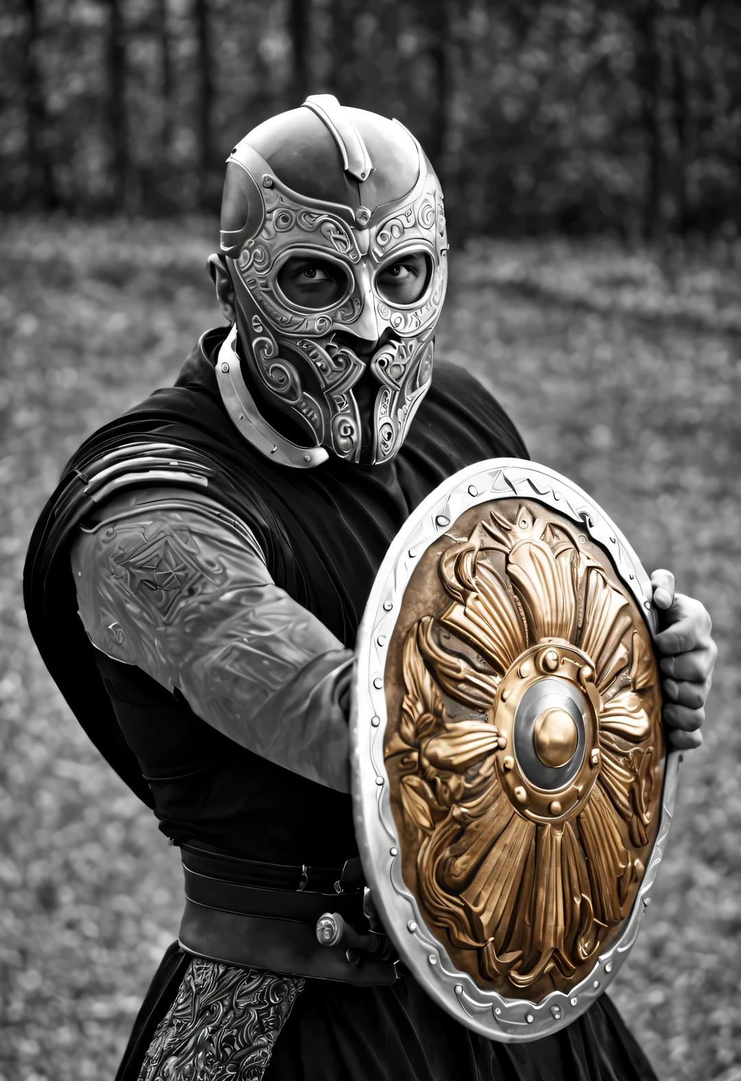 （black and white photography照片），black and white photography，（Tom Hardy holds up a large golden shield），Tom Hardy wearing a mask，mystery，His mask is well made，smooth lines，Perfectly complimenting his handsome face，The mask covers most of his face，Only the eyes as bright as stars and the curved eyebrows are exposed，This makes him even more majestic and inviolable Mystery on the battlefield.。，Muscular grace，It's like a perfect sculpture，