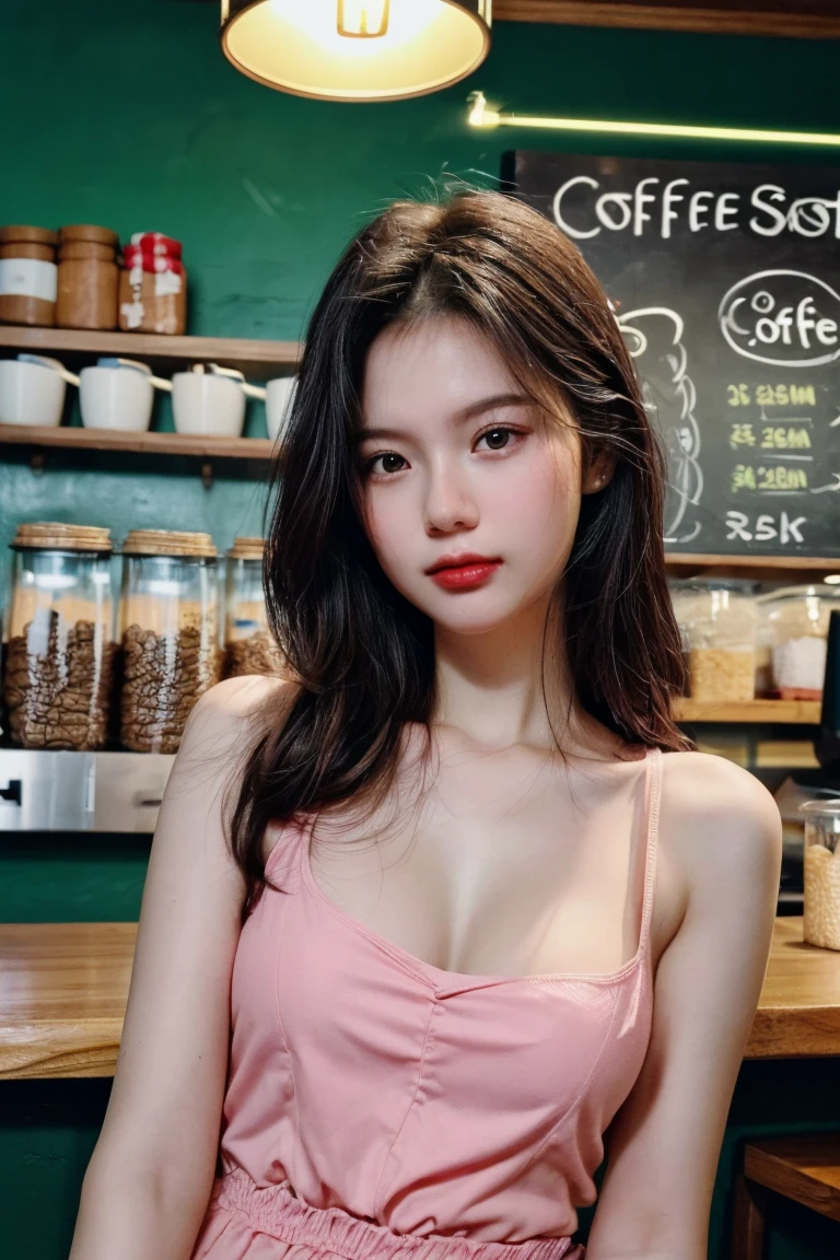 (8k, RAW photo, best quality, masterpiece:1.2), (realistic, photo-realistic:1.2), (photorealistic:1.4), (ultra high res, raw photo:1.4), ultra-detailed, a girl, perfect face, sitting, (upper body:1.3), (pink dress:1.2), (softlight:1.2), (professional lighting:1.2), (studio:1.2), (coffee shop background:1.2), bigoGirl02