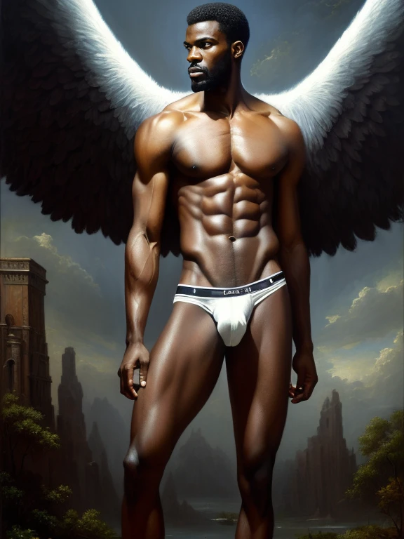 full body, oil Painting, portrait charismatic and ((one hairy black masculine Angel)), tall, slim, smooth muscle, ((big bulge, white briefs)), black male, man,  body hair:: ruins background, perfect eye chiaroscuro mood, oil painting, classic era, Bouguereau paintings art style, high resolution, high quality, Soft impressive impasto, perfect composition, edge lighting, intricate, oil on canvas, masterpiece, ominous, matte painting movie poster