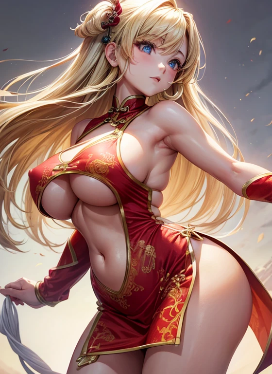 one woman,Detailed contours,Super best image quality,China dress,underboob,From the side down,big breasts,Nipples are sagging,Belly exposure,exposing chest,Doggy,underboobだけ見せる,from the side of your feet,blonde,